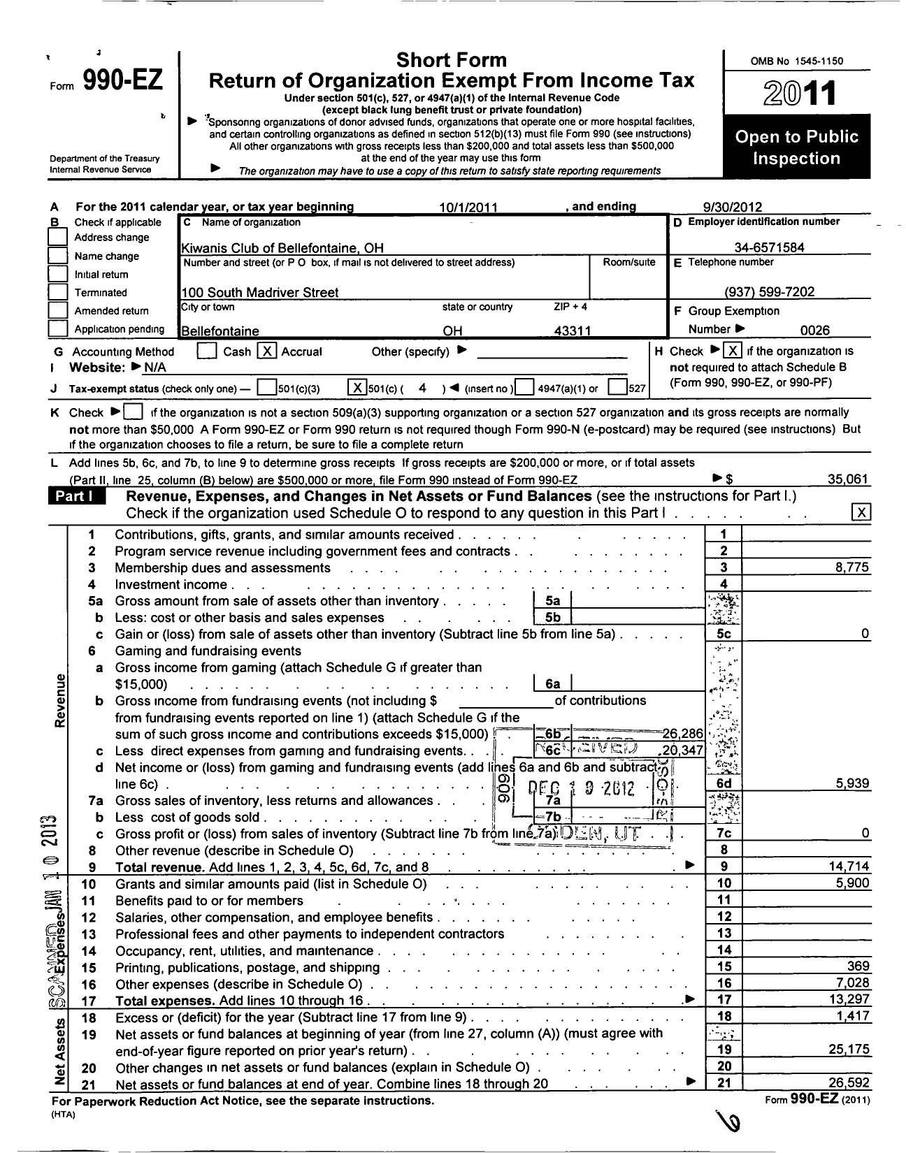 Image of first page of 2011 Form 990EO for Kiwanis International - K01606 Bellefontaine