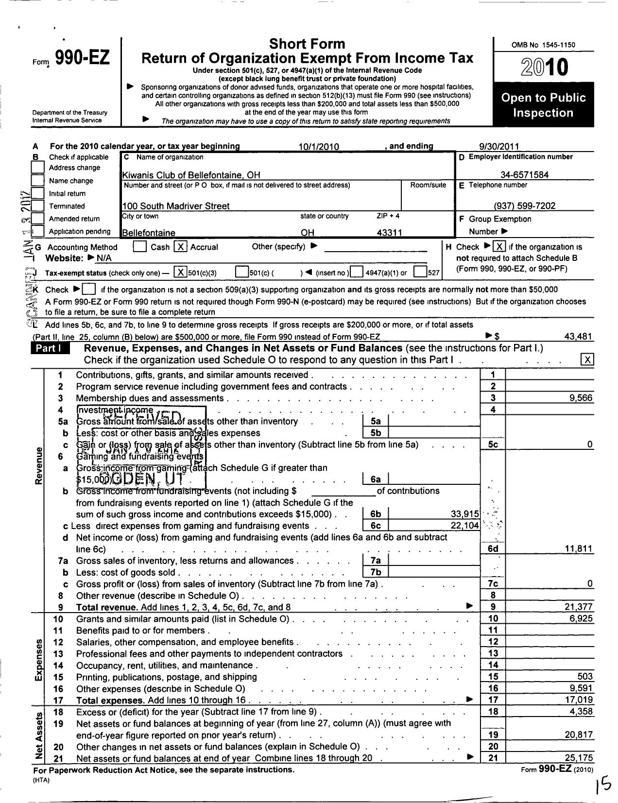 Image of first page of 2010 Form 990EZ for Kiwanis International - K01606 Bellefontaine