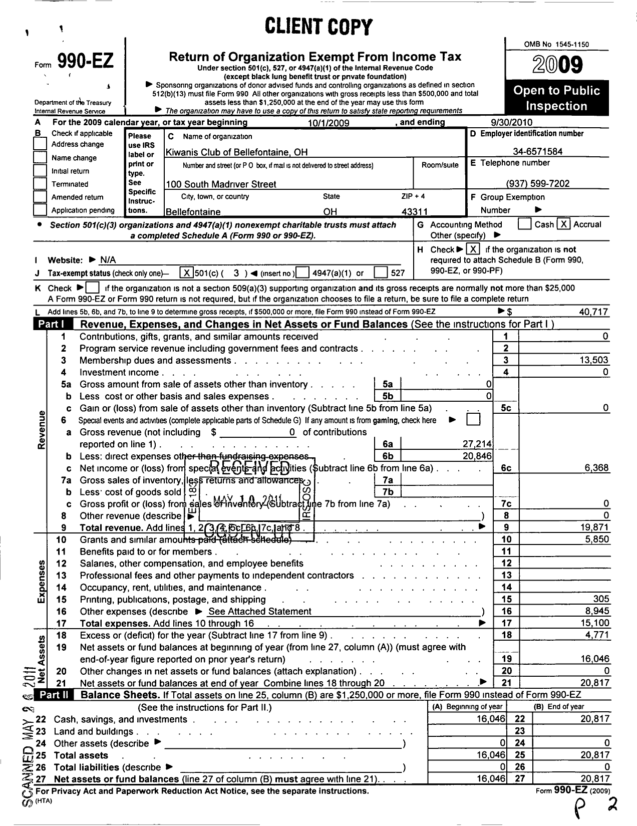 Image of first page of 2009 Form 990EZ for Kiwanis International - K01606 Bellefontaine