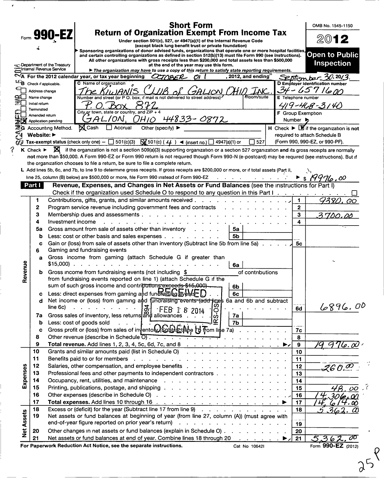 Image of first page of 2012 Form 990EO for Kiwanis International / K00420 Galion