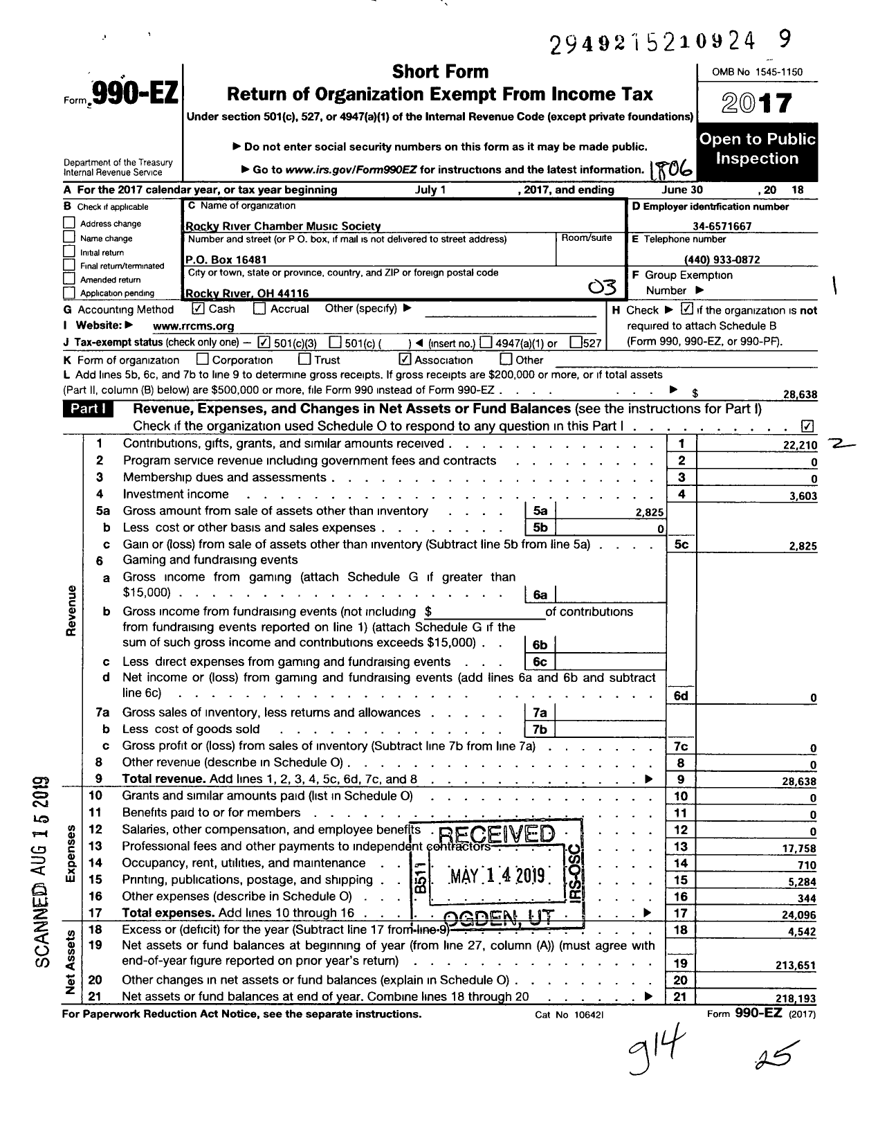 Image of first page of 2017 Form 990EZ for Rocky River Chamber Music Society