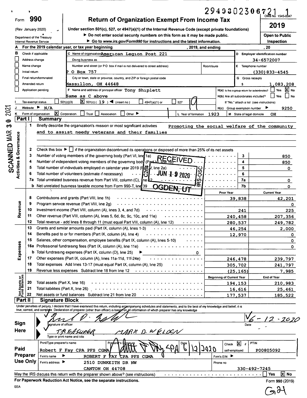 Image of first page of 2019 Form 990O for American Legion Post 221