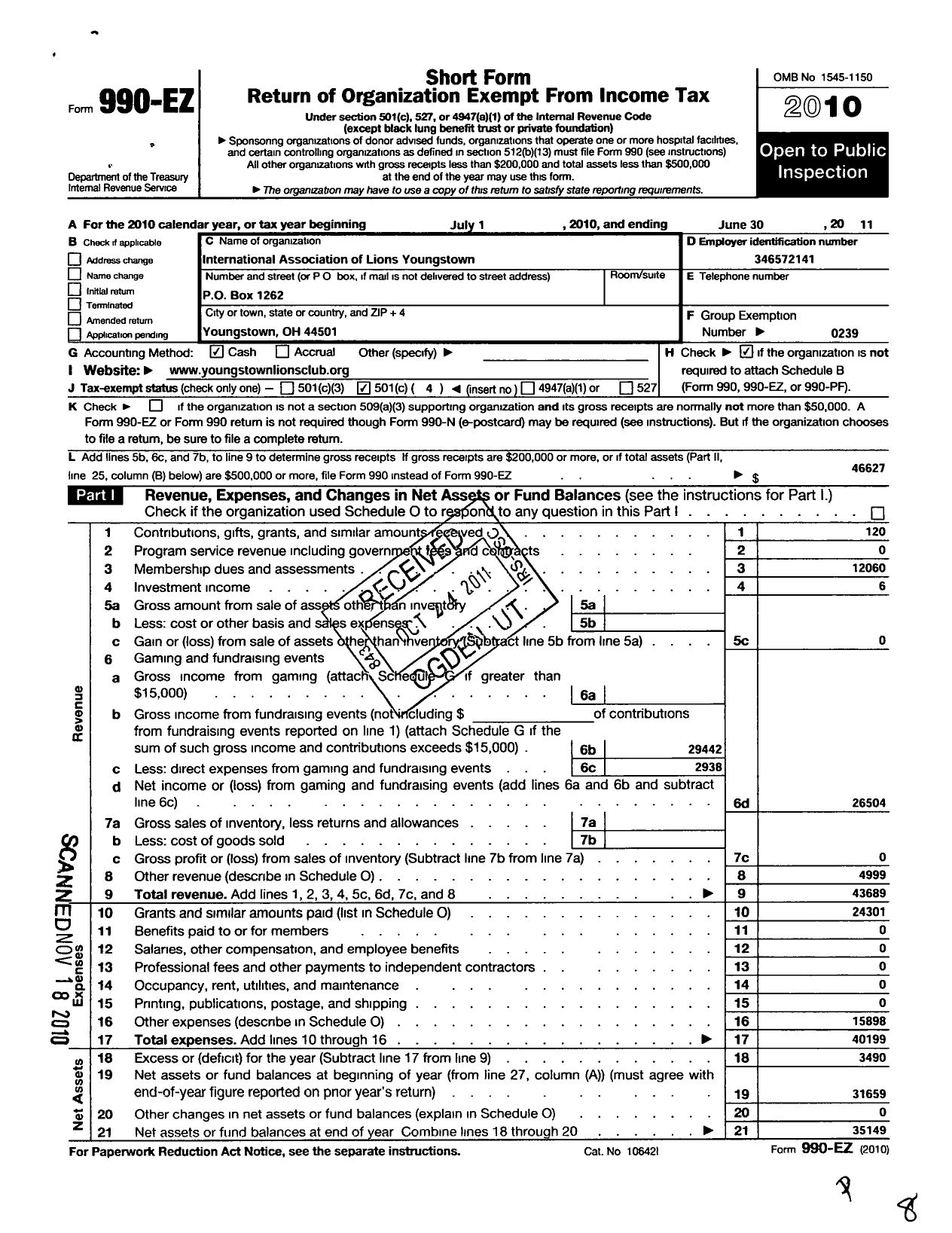 Image of first page of 2010 Form 990EO for Lions Clubs - 5364 Youngstown