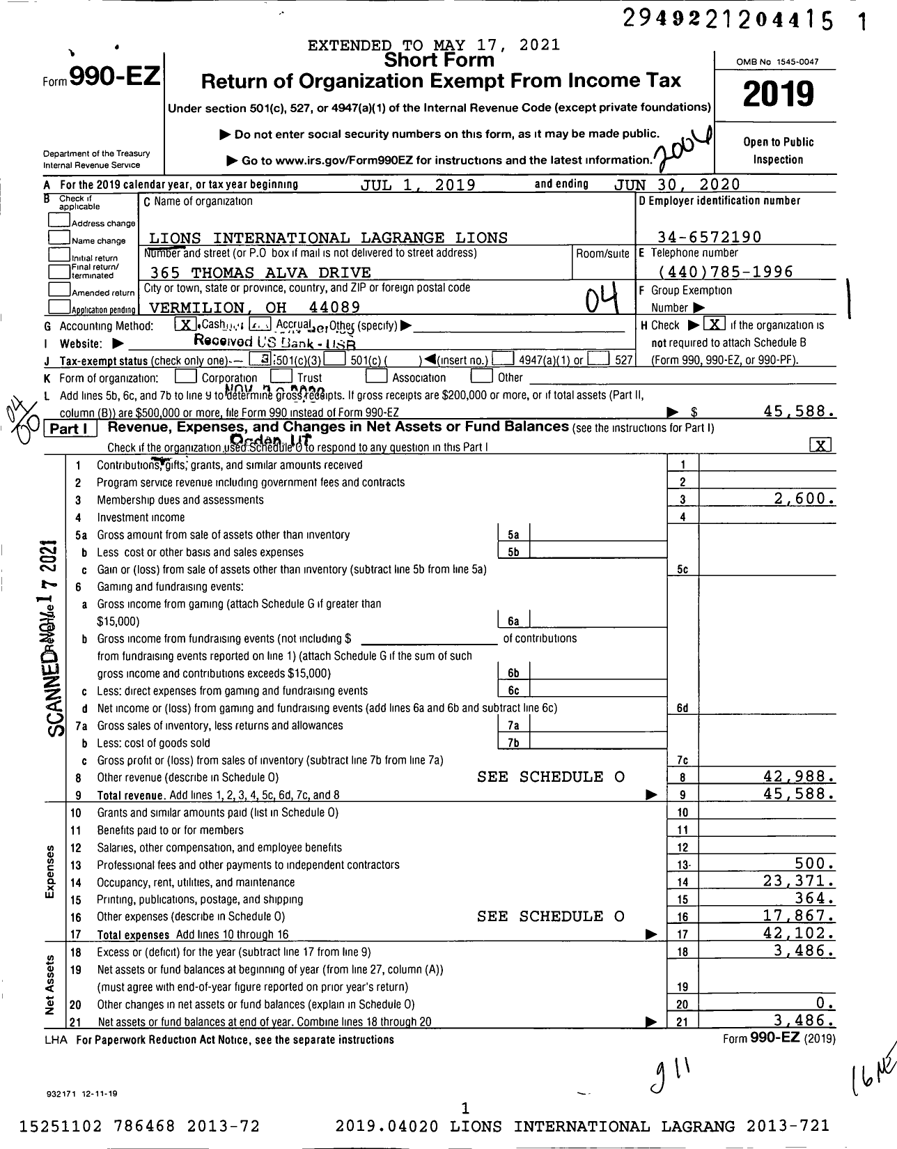 Image of first page of 2019 Form 990EO for Lions Clubs - 5214 La Grange