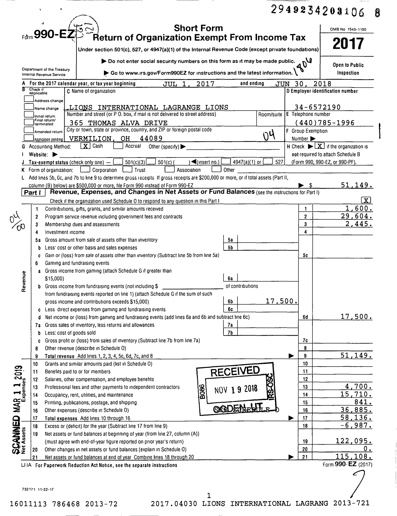 Image of first page of 2017 Form 990EO for Lions Clubs - 5214 La Grange