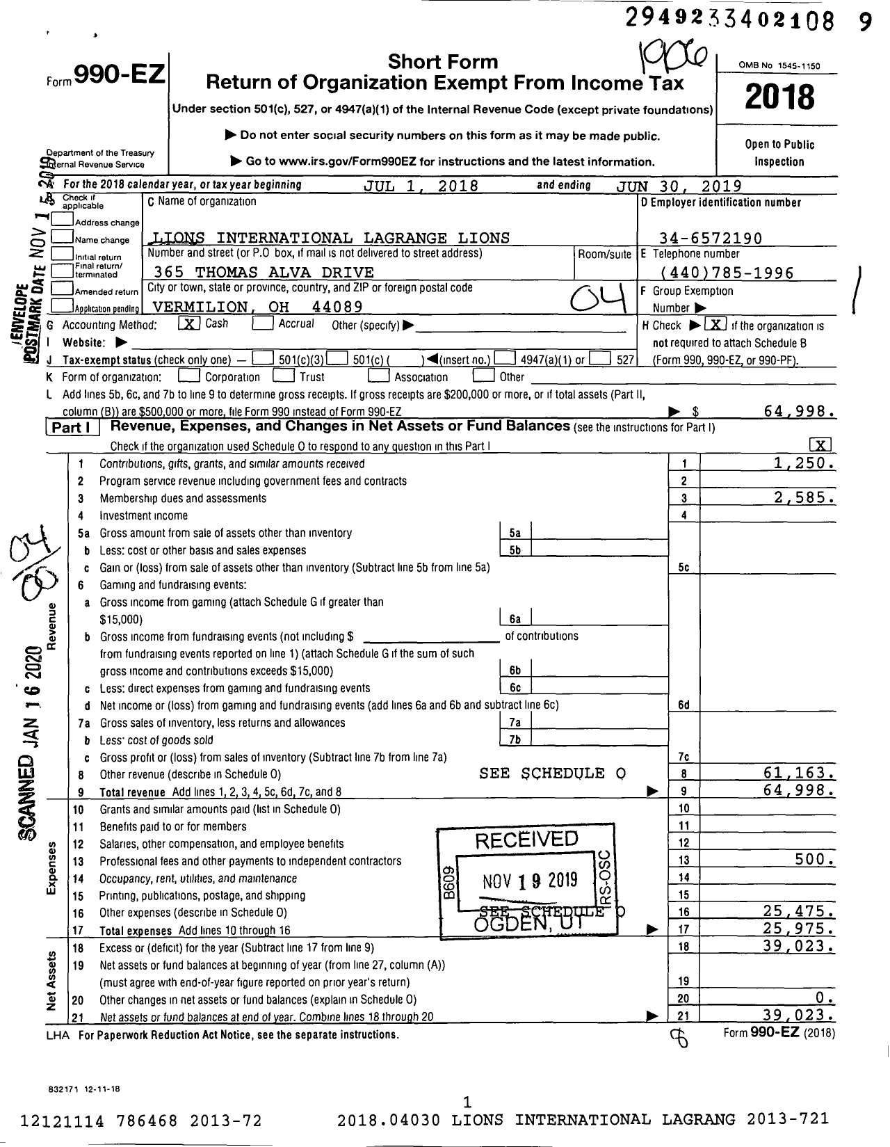 Image of first page of 2018 Form 990EO for Lions Clubs - 5214 La Grange