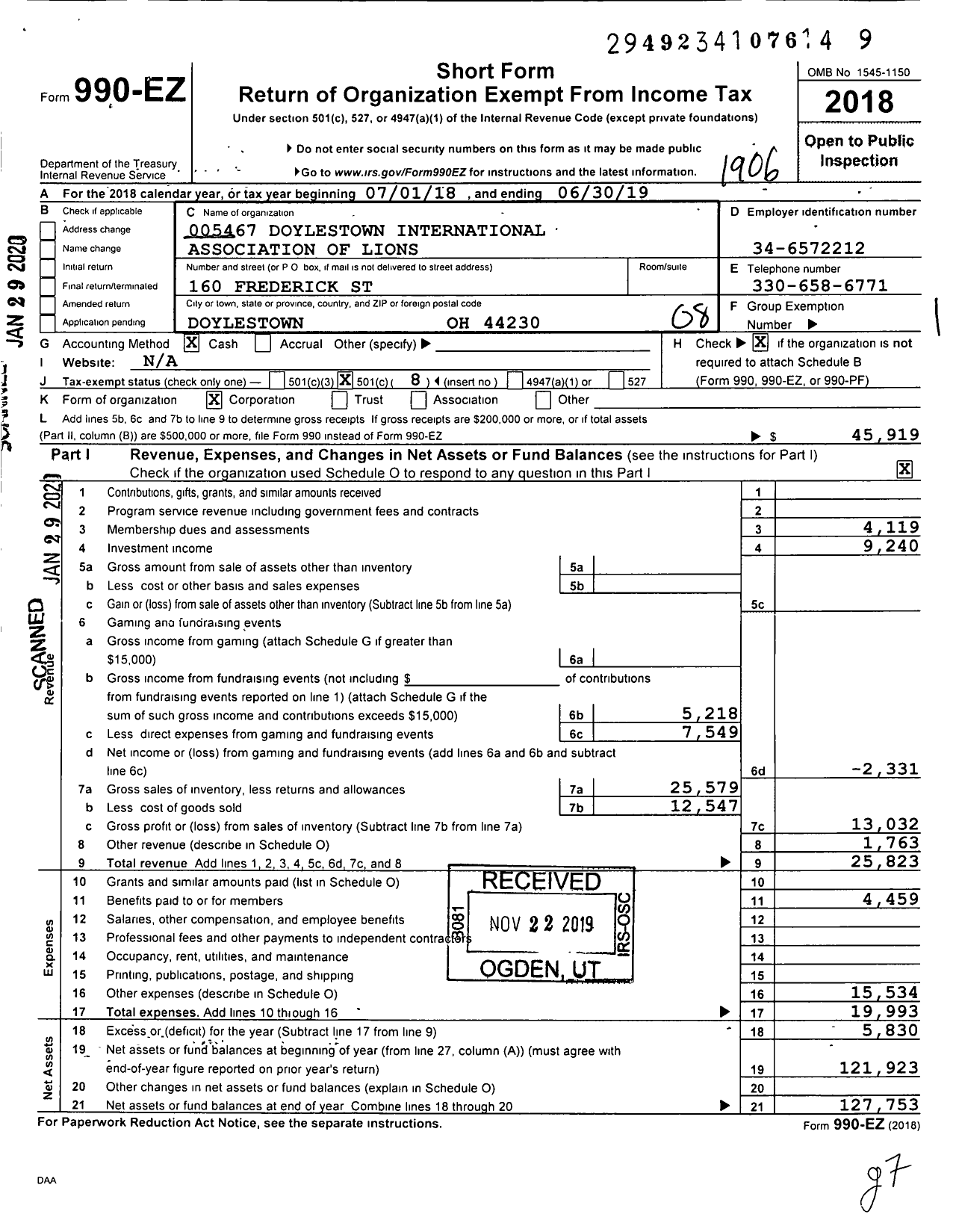 Image of first page of 2018 Form 990EO for Lions Clubs - 5467 Doylestown