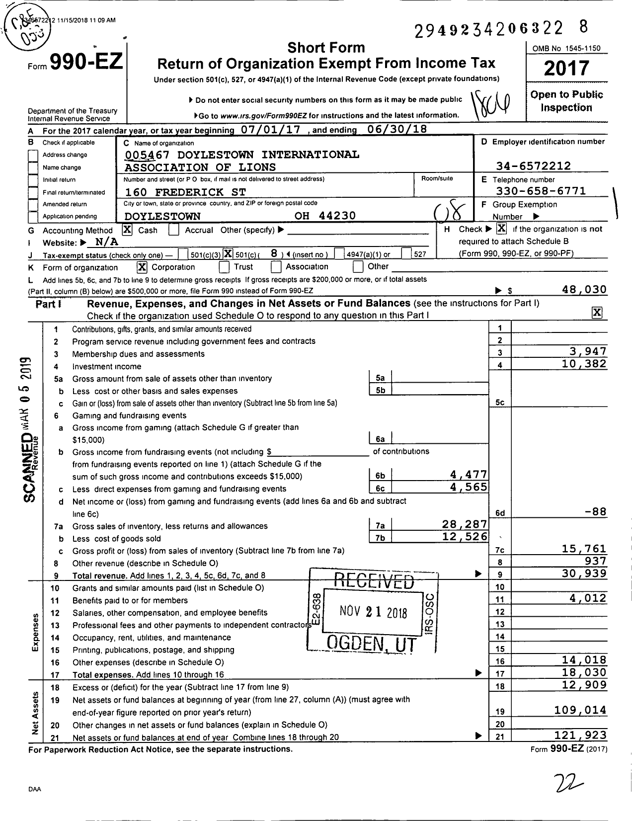 Image of first page of 2017 Form 990EO for Lions Clubs - 5467 Doylestown