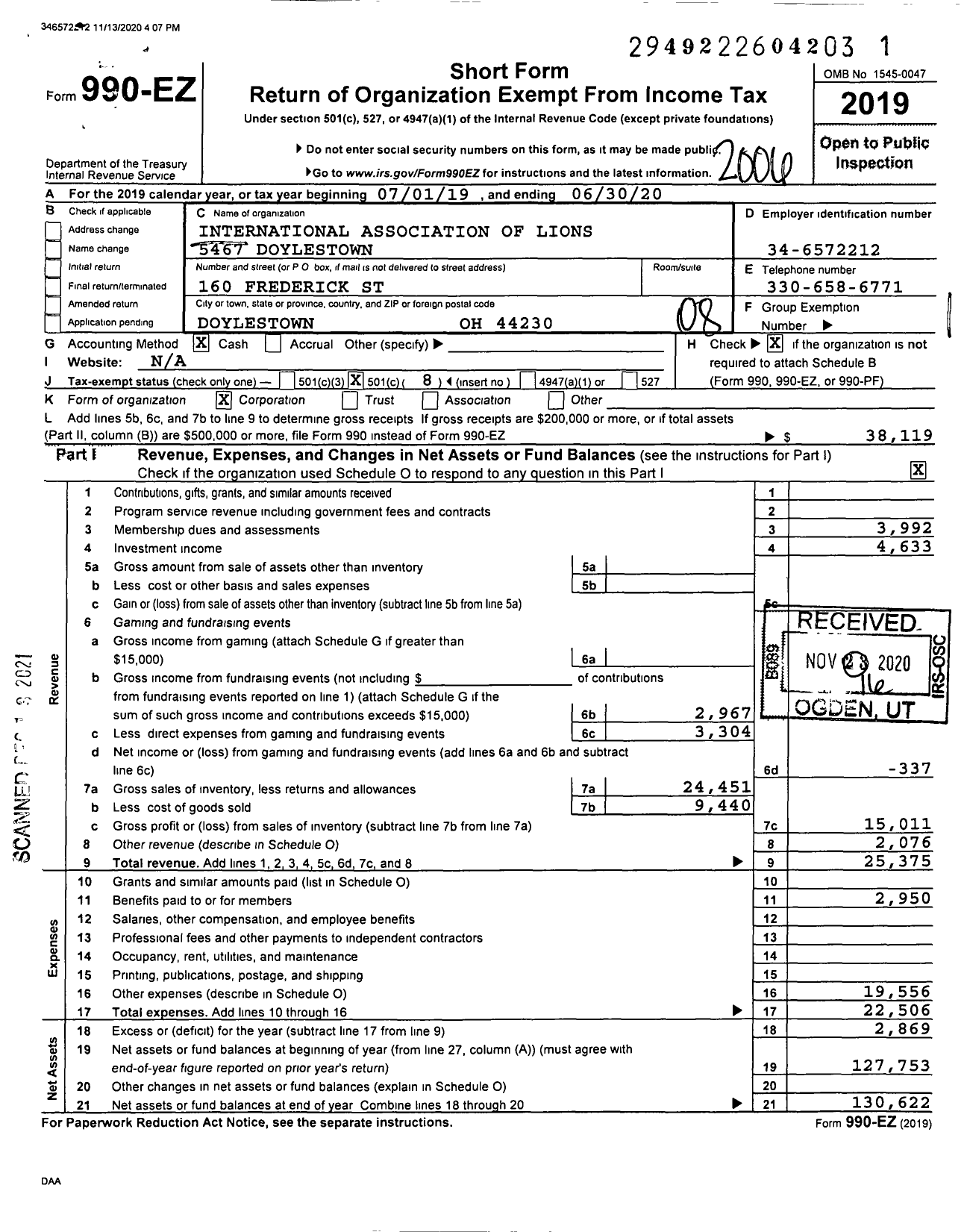 Image of first page of 2019 Form 990EO for Lions Clubs - 5467 Doylestown