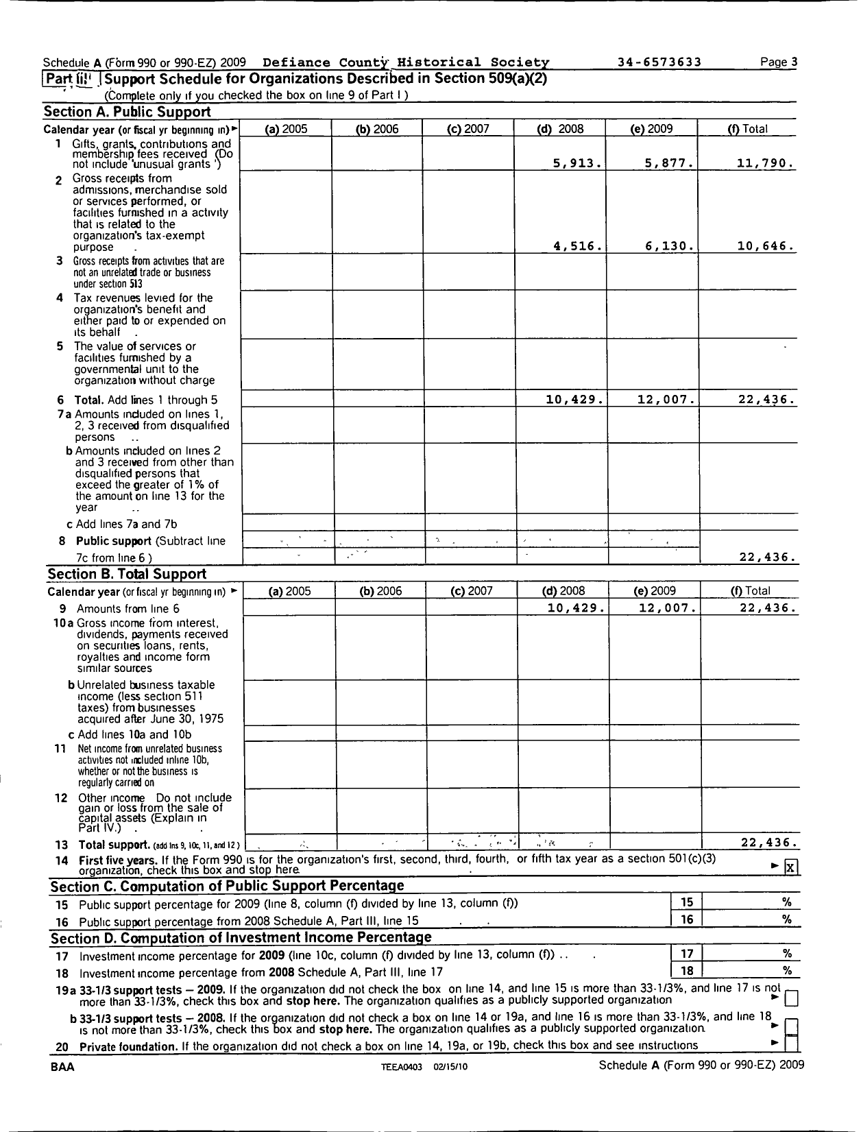 Image of first page of 2009 Form 990R for Defiance County Historical Society