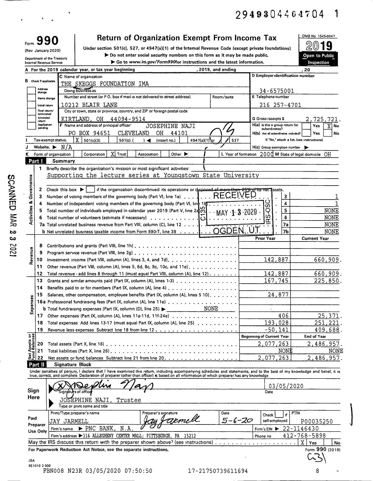 Image of first page of 2019 Form 990 for The Skeggs Foundation Ima