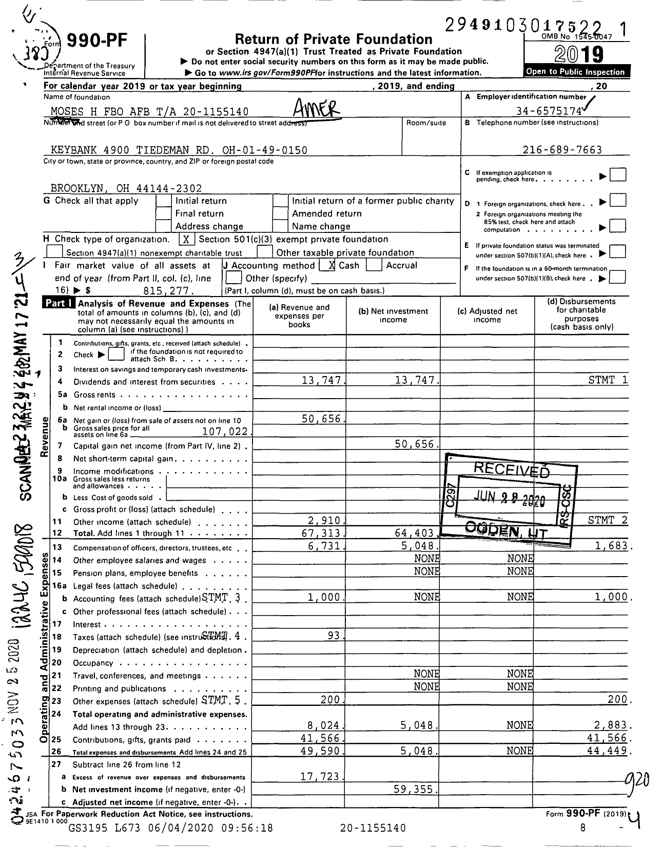 Image of first page of 2019 Form 990PF for American Foundation for the Blind New York Ny