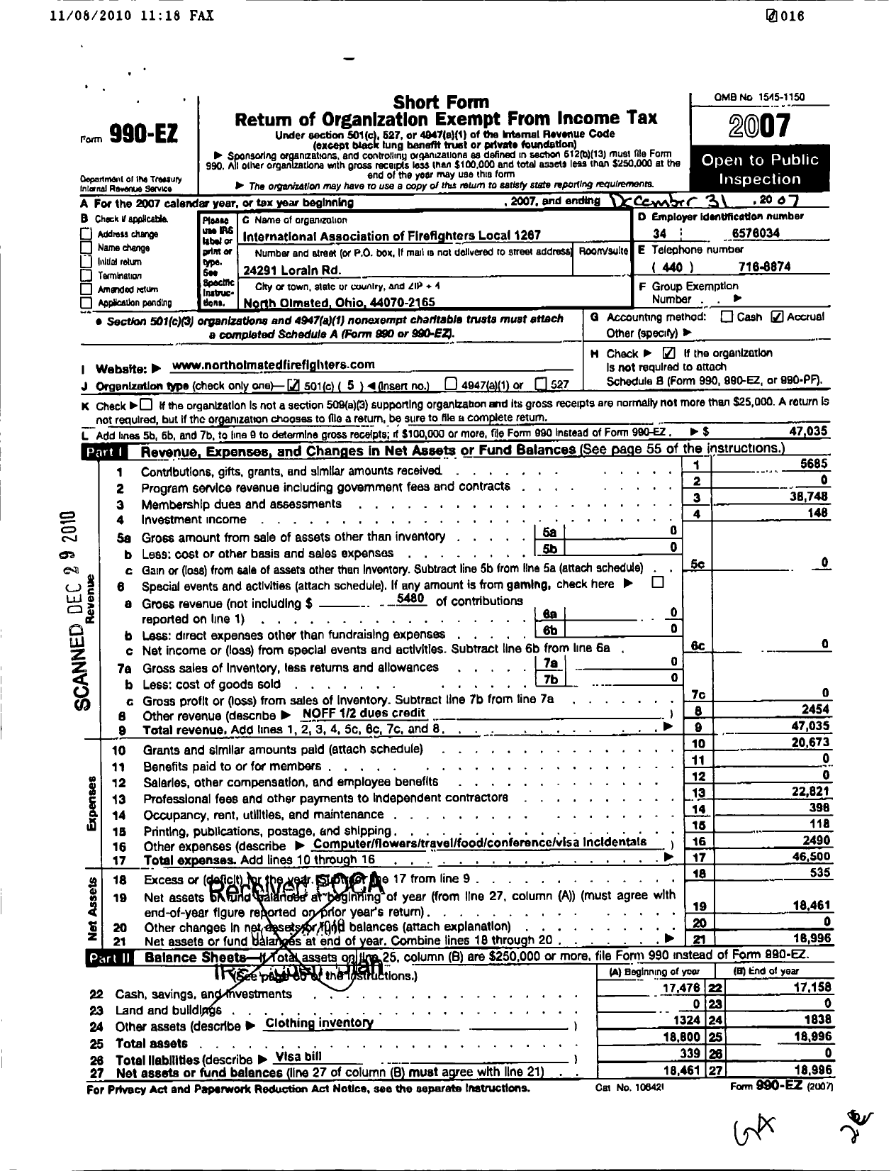 Image of first page of 2007 Form 990EO for International Association of Fire Fighters - L1267 North Olmsted