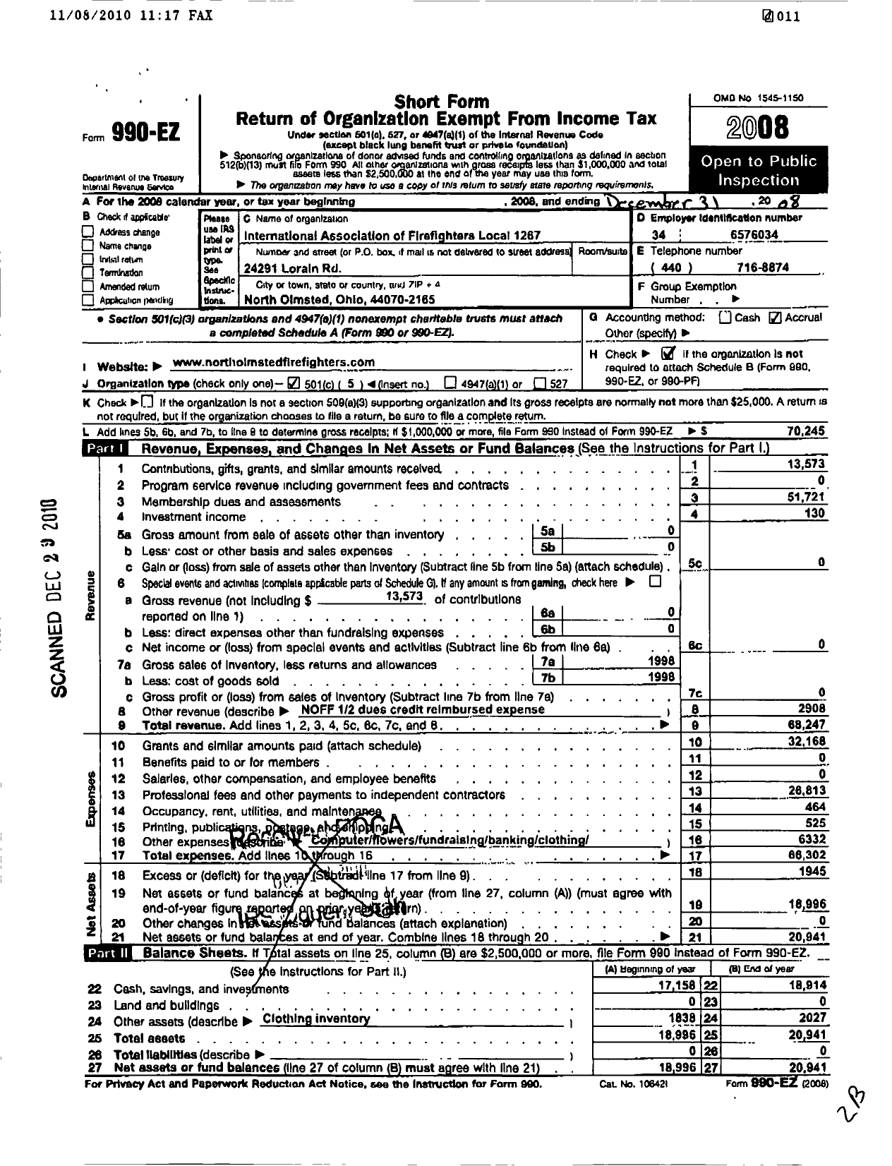 Image of first page of 2008 Form 990EO for International Association of Fire Fighters - L1267 North Olmsted