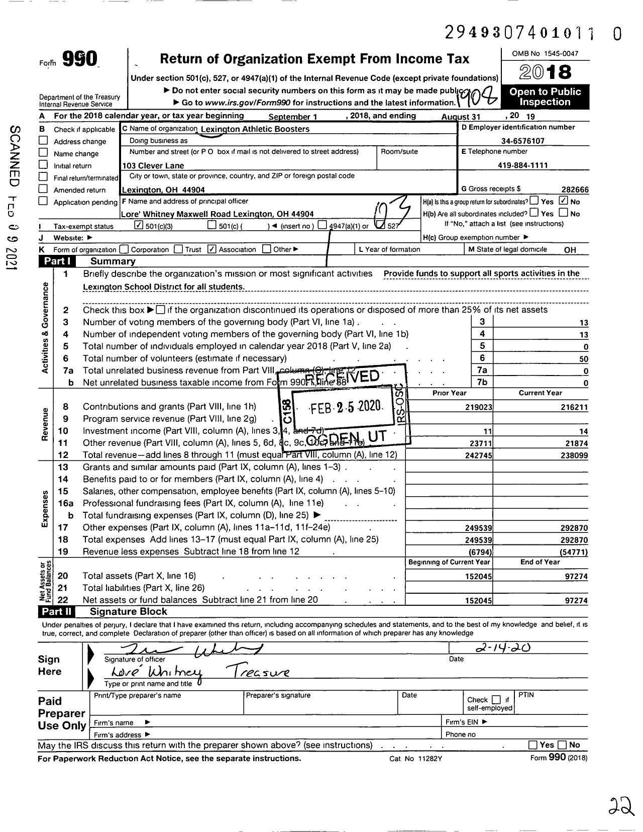 Image of first page of 2018 Form 990 for Lexington Athletic Booster Club