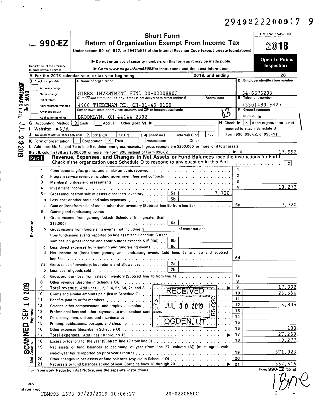 Image of first page of 2018 Form 990EZ for Gibbs Investment Fund