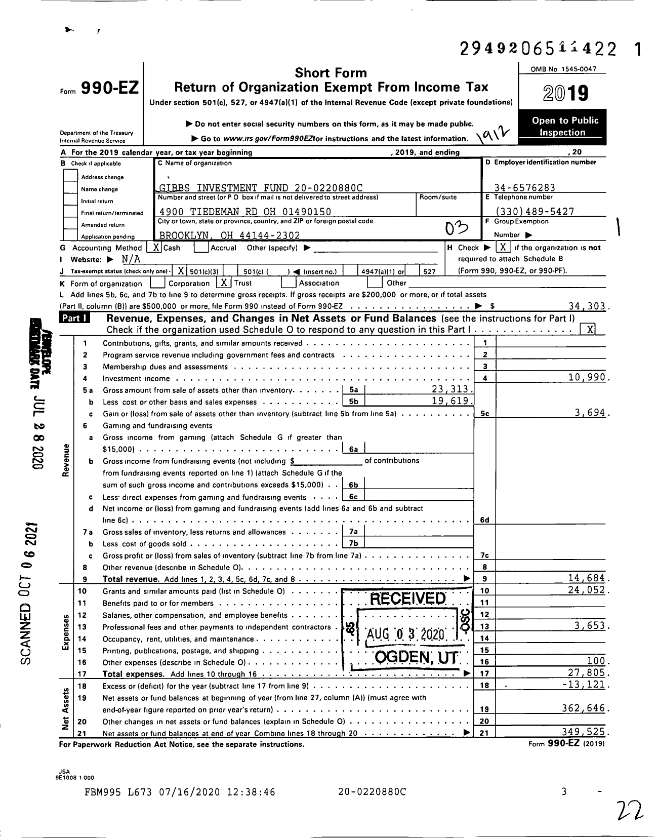 Image of first page of 2019 Form 990EZ for Gibbs Investment Fund