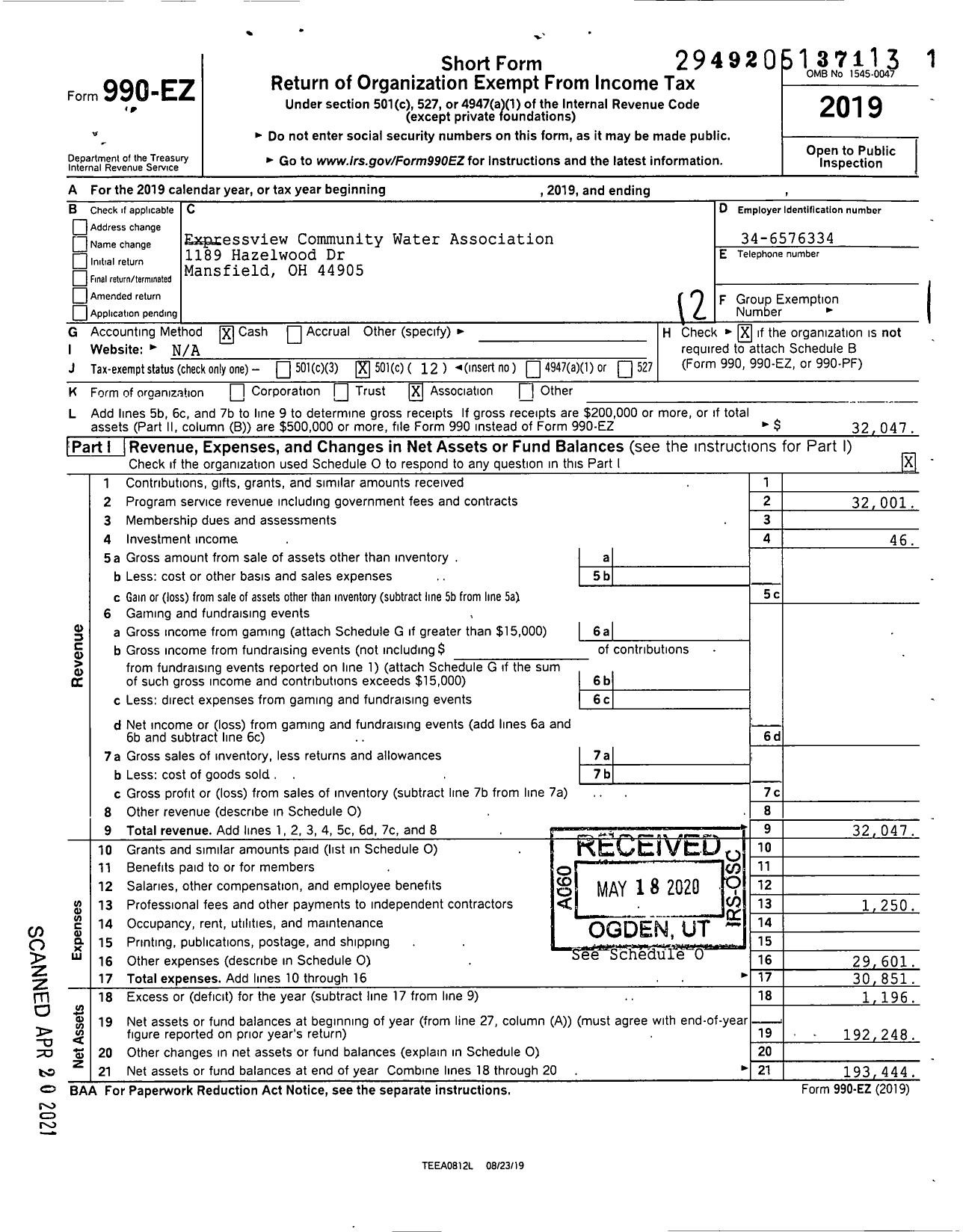 Image of first page of 2019 Form 990EO for Expressview Community Water Association