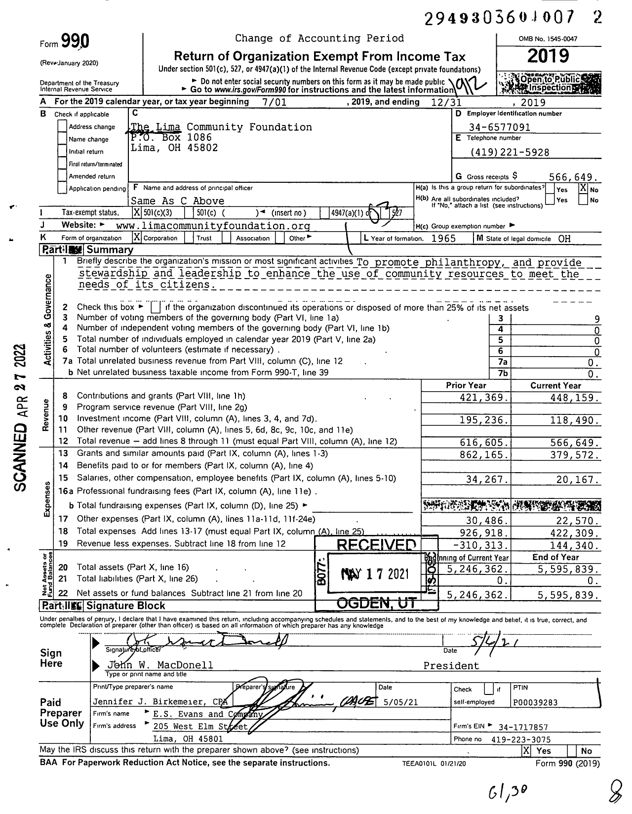 Image of first page of 2019 Form 990 for The Lima Community Foundation