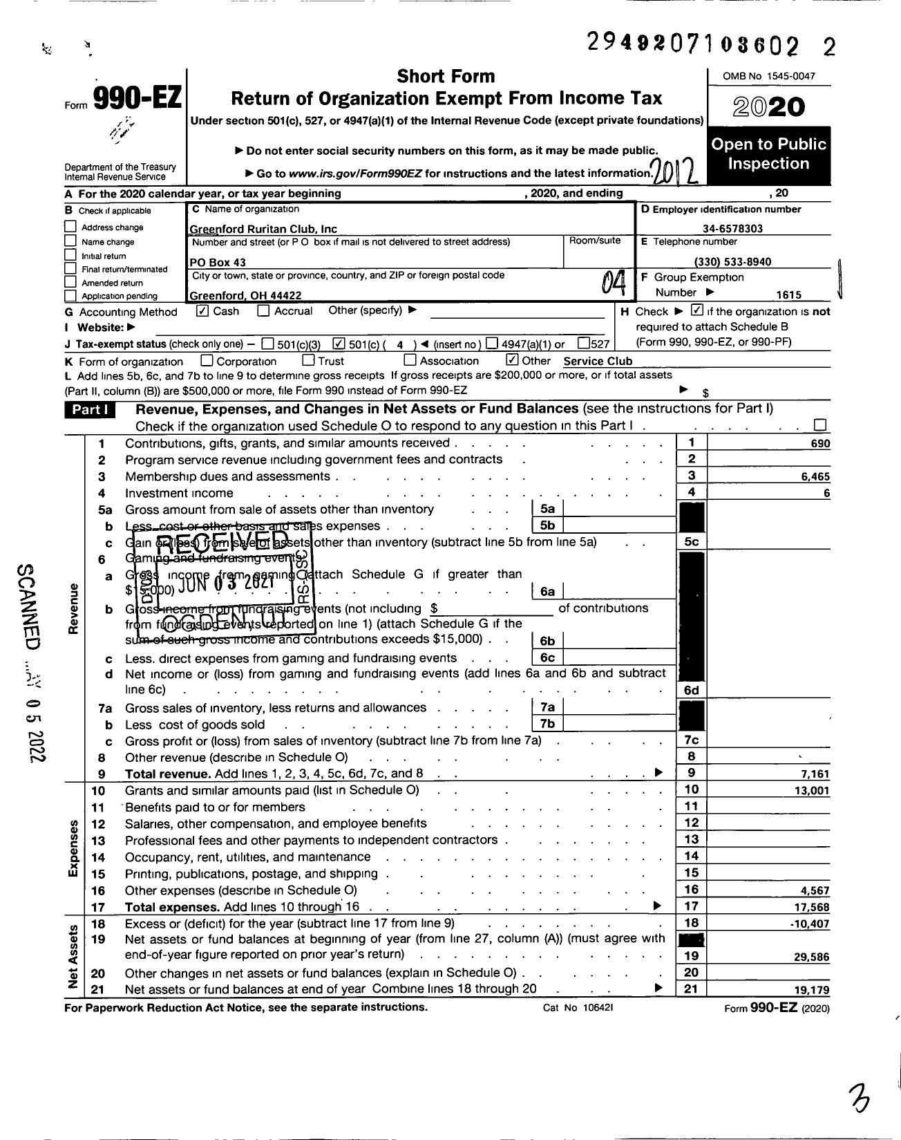 Image of first page of 2020 Form 990EO for Ruritan - Greenford