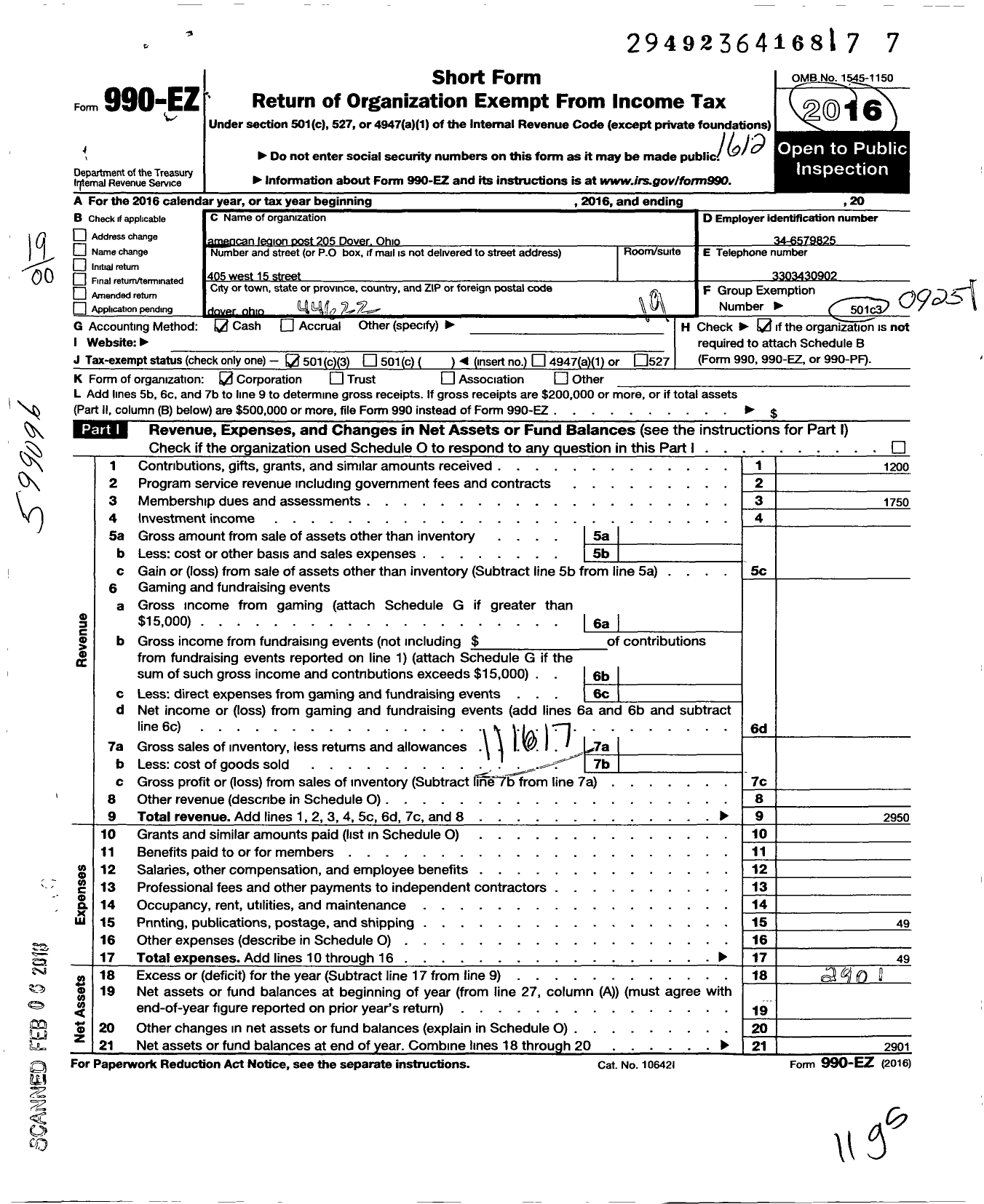 Image of first page of 2016 Form 990EO for American Legion - 0205 Dover Post