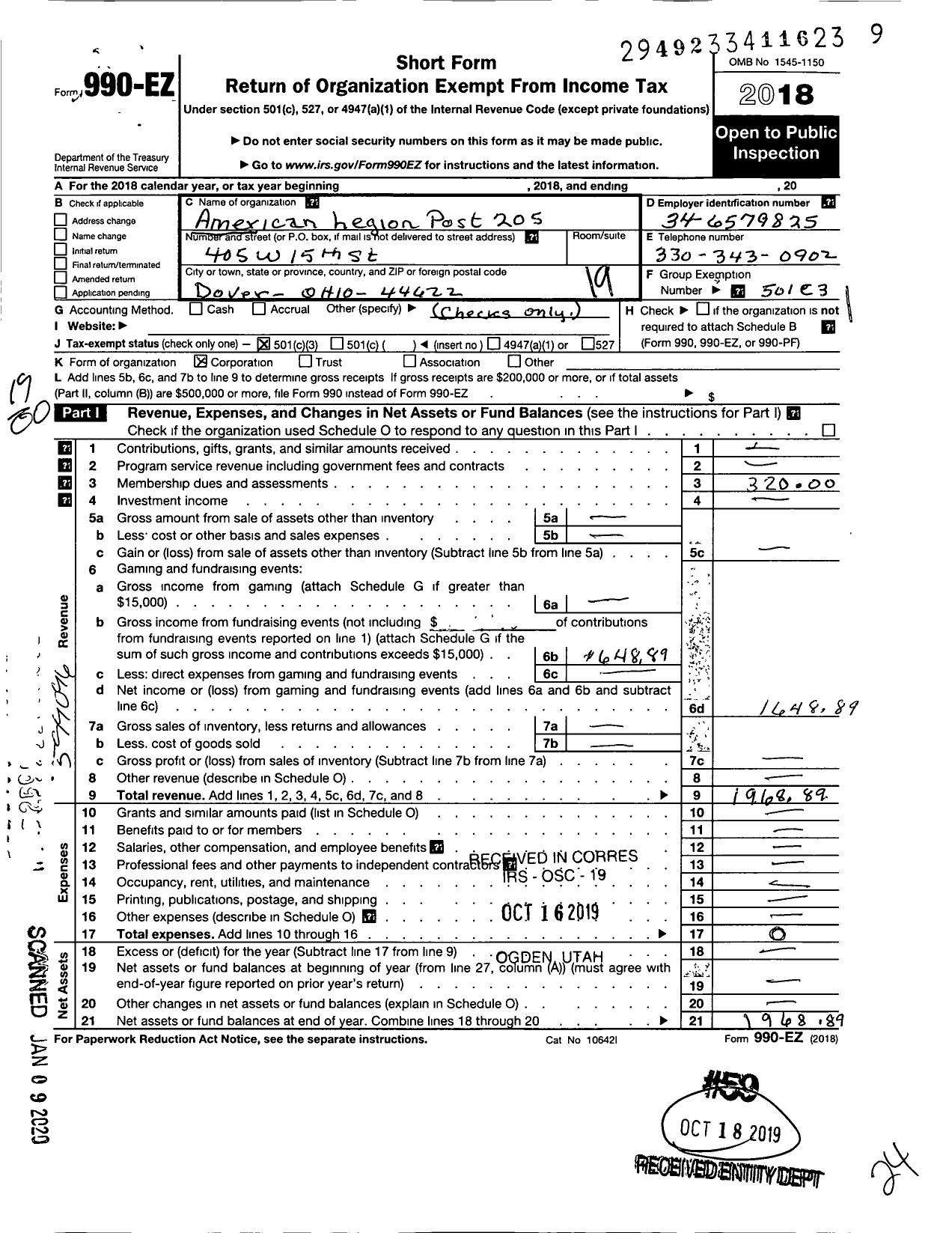 Image of first page of 2018 Form 990EO for American Legion - 0205 Dover Post