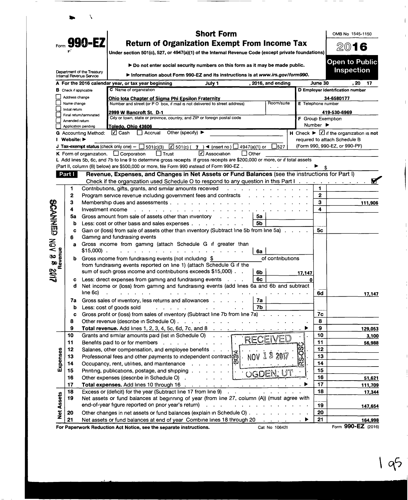 Image of first page of 2016 Form 990EO for Sigma Phi Epsilon - Oh Iota Chapter