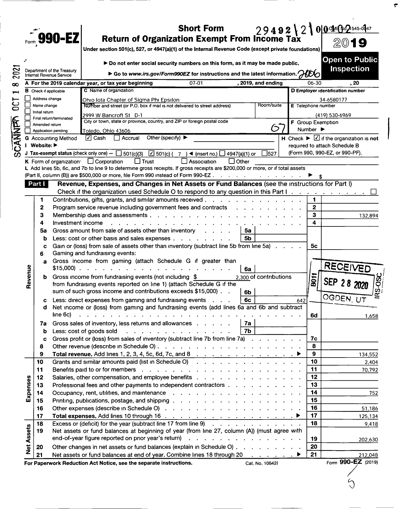 Image of first page of 2019 Form 990EO for Sigma Phi Epsilon - Oh Iota Chapter