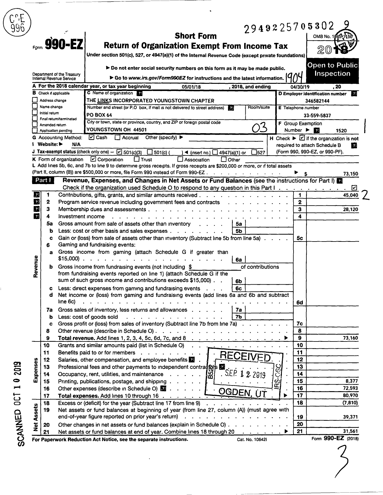 Image of first page of 2018 Form 990EZ for Links Incorporated Youngstown Oh Chapter