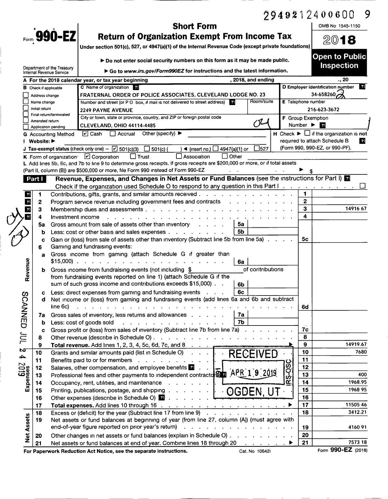 Image of first page of 2018 Form 990EO for Fraternal Order of Police Associates of Ohio Cleveland Lodge