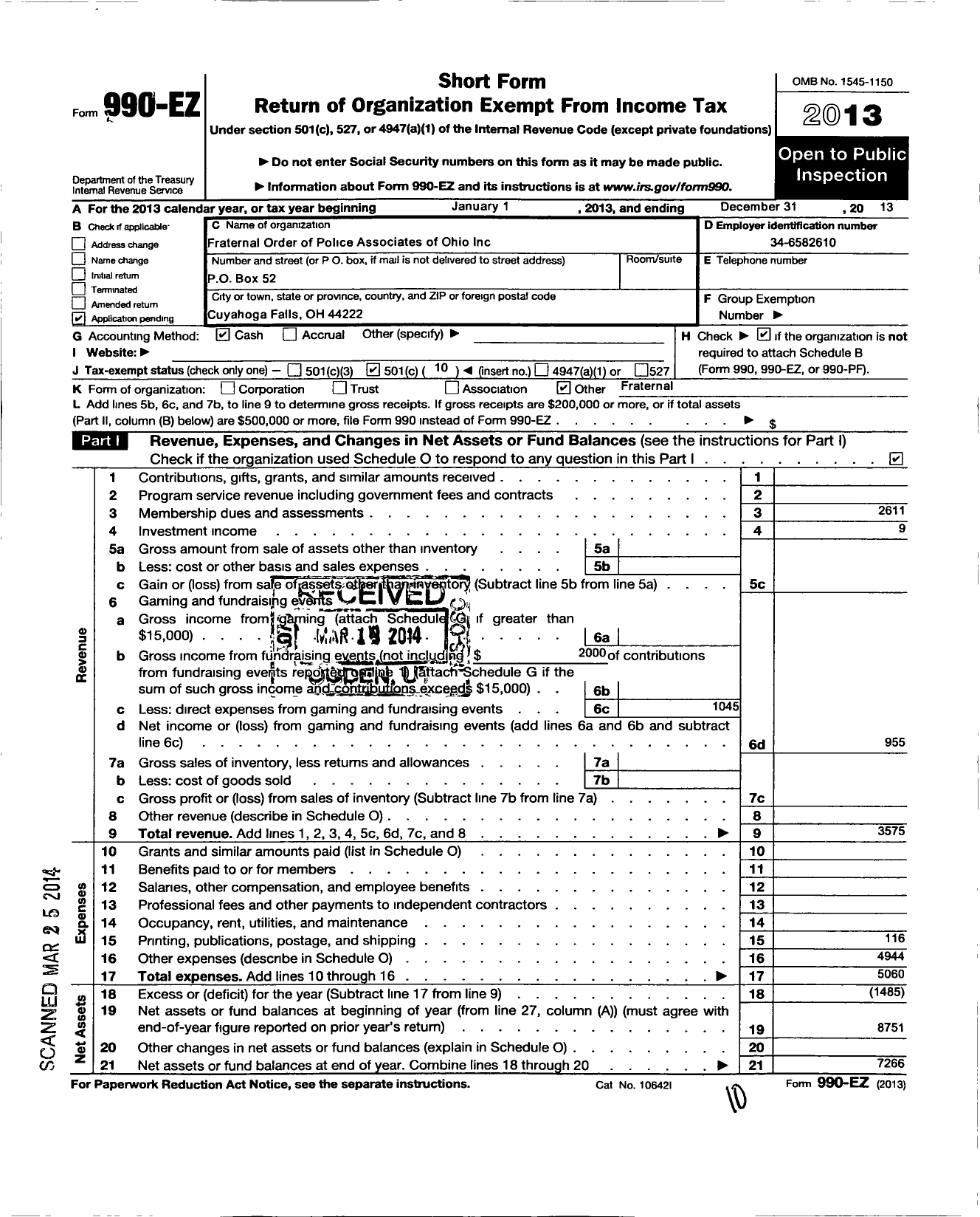 Image of first page of 2013 Form 990EO for Fraternal Order of Police Associates of Ohio / 31