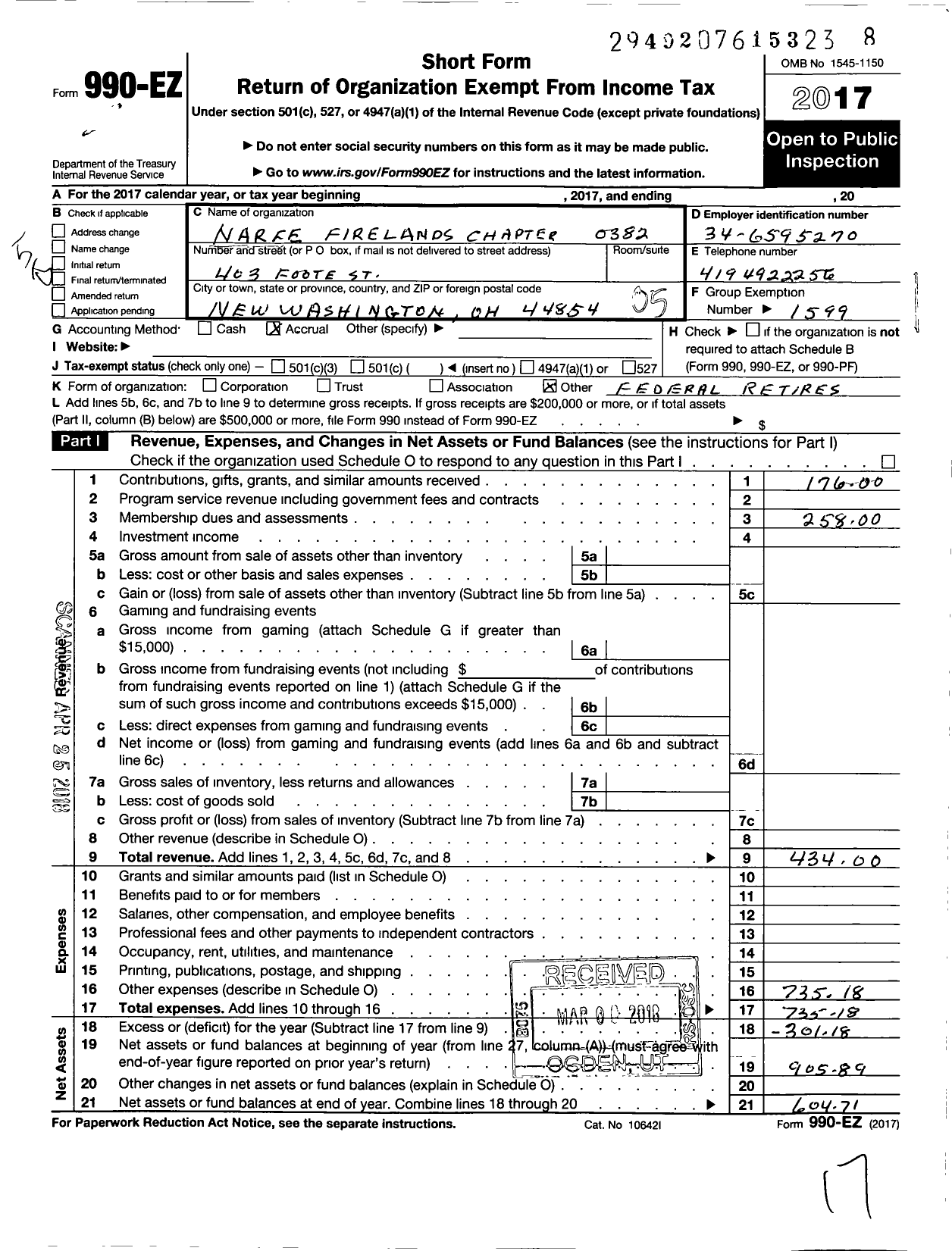 Image of first page of 2017 Form 990EO for National Active and Retired Federal Employees Association - 382