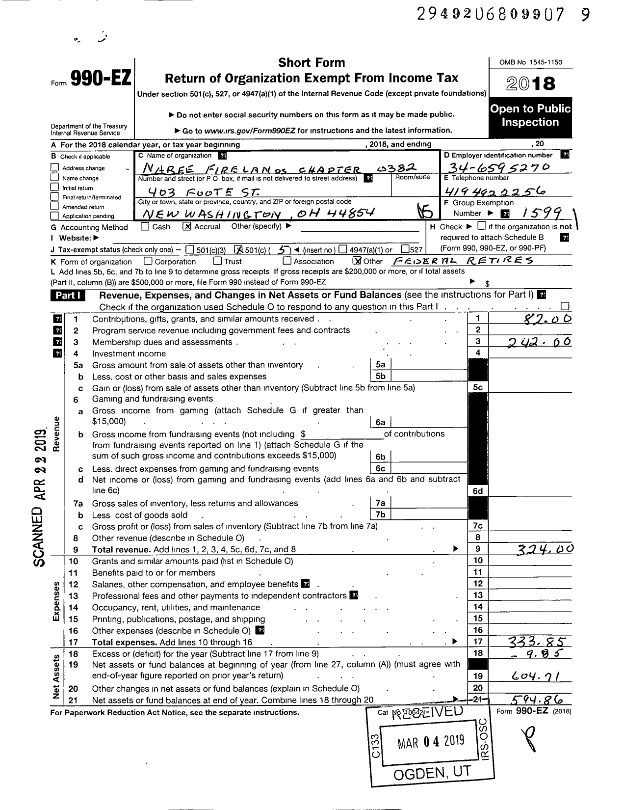 Image of first page of 2018 Form 990EO for National Active and Retired Federal Employees Association - 382