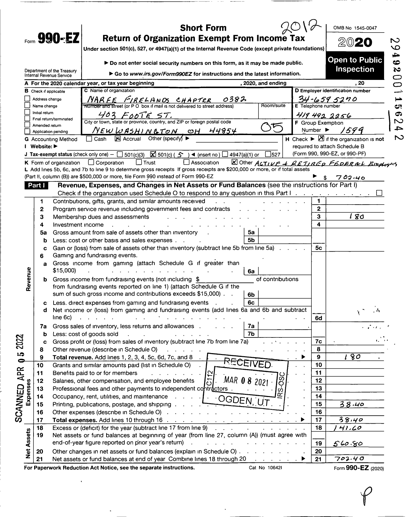 Image of first page of 2020 Form 990EO for National Active and Retired Federal Employees Association - 382