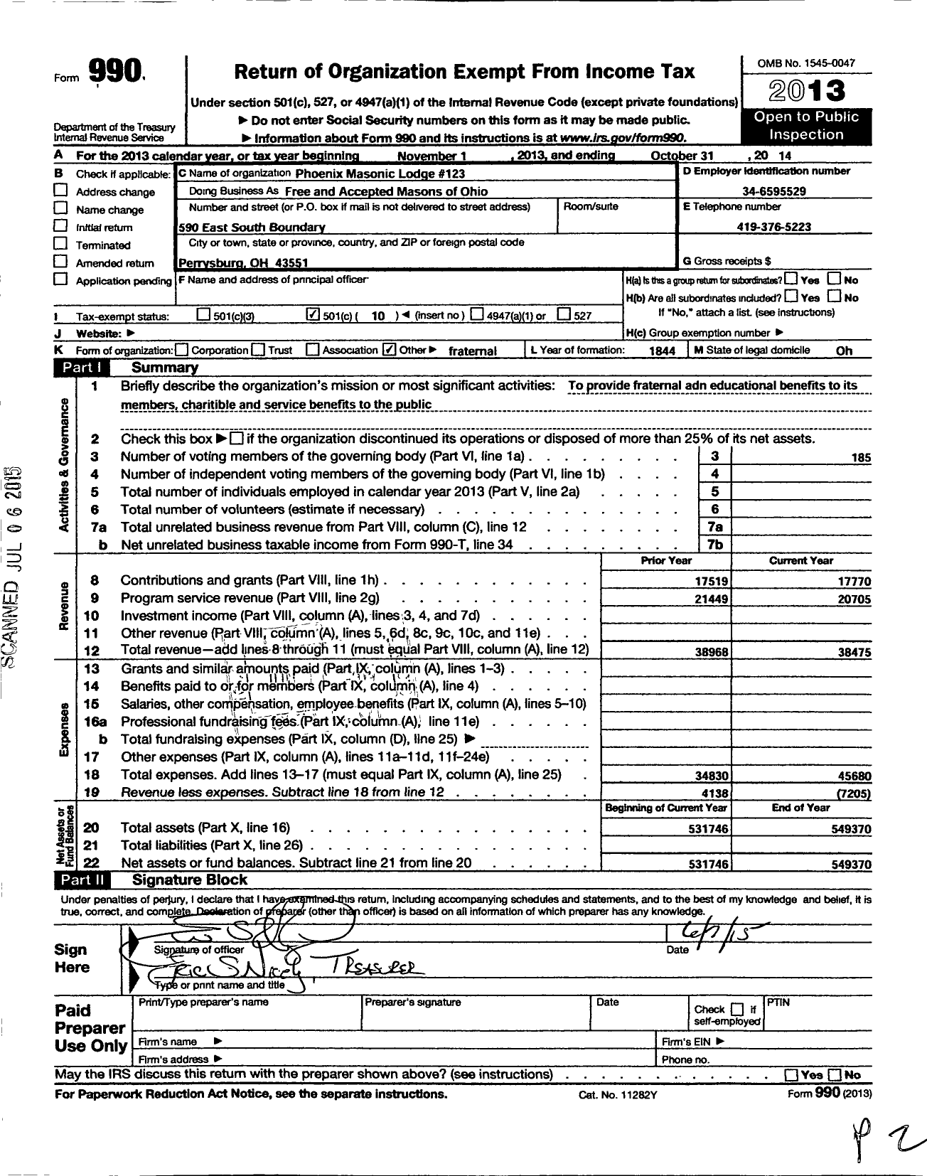 Image of first page of 2013 Form 990O for Free & Accepted Masons of Ohio - Masons of Ohio