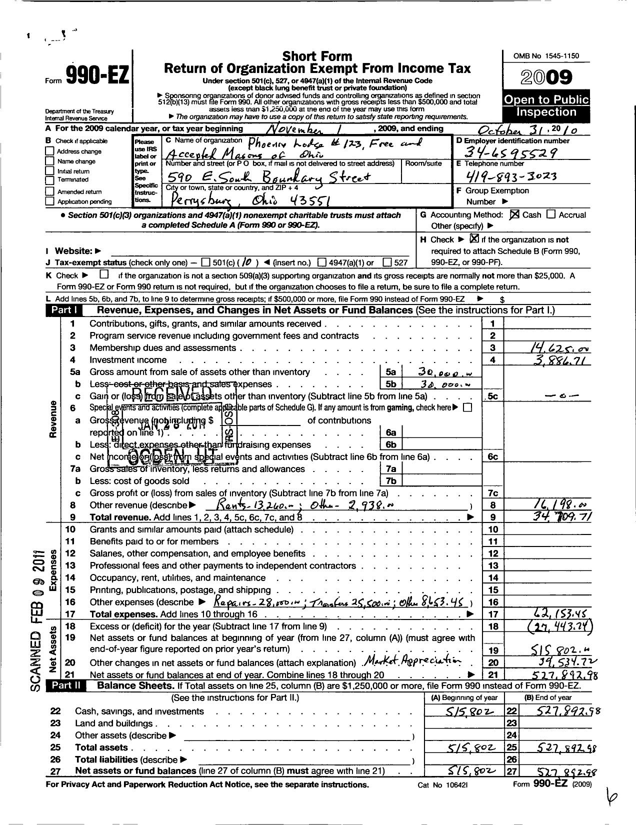 Image of first page of 2009 Form 990EO for Free & Accepted Masons of Ohio - Masons of Ohio