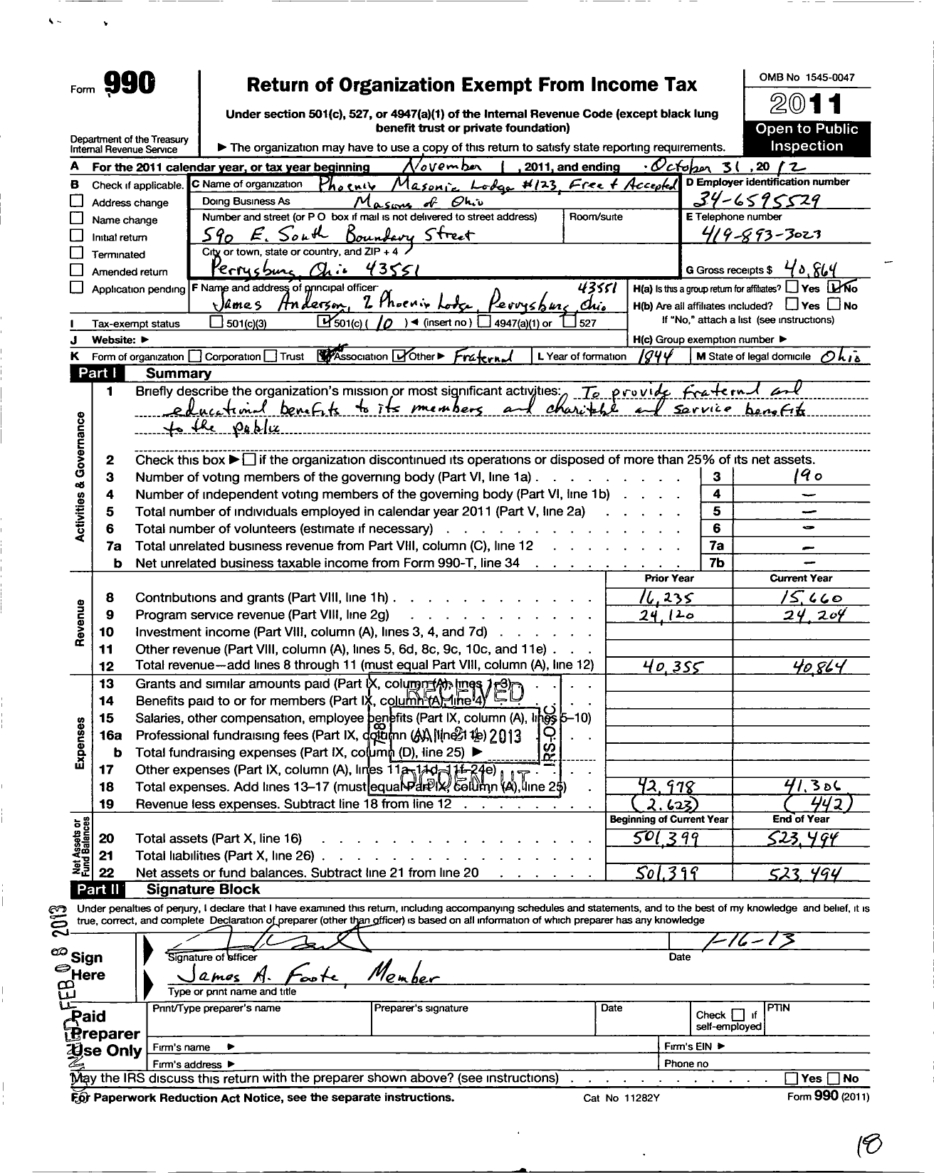 Image of first page of 2011 Form 990O for Free & Accepted Masons of Ohio - Masons of Ohio