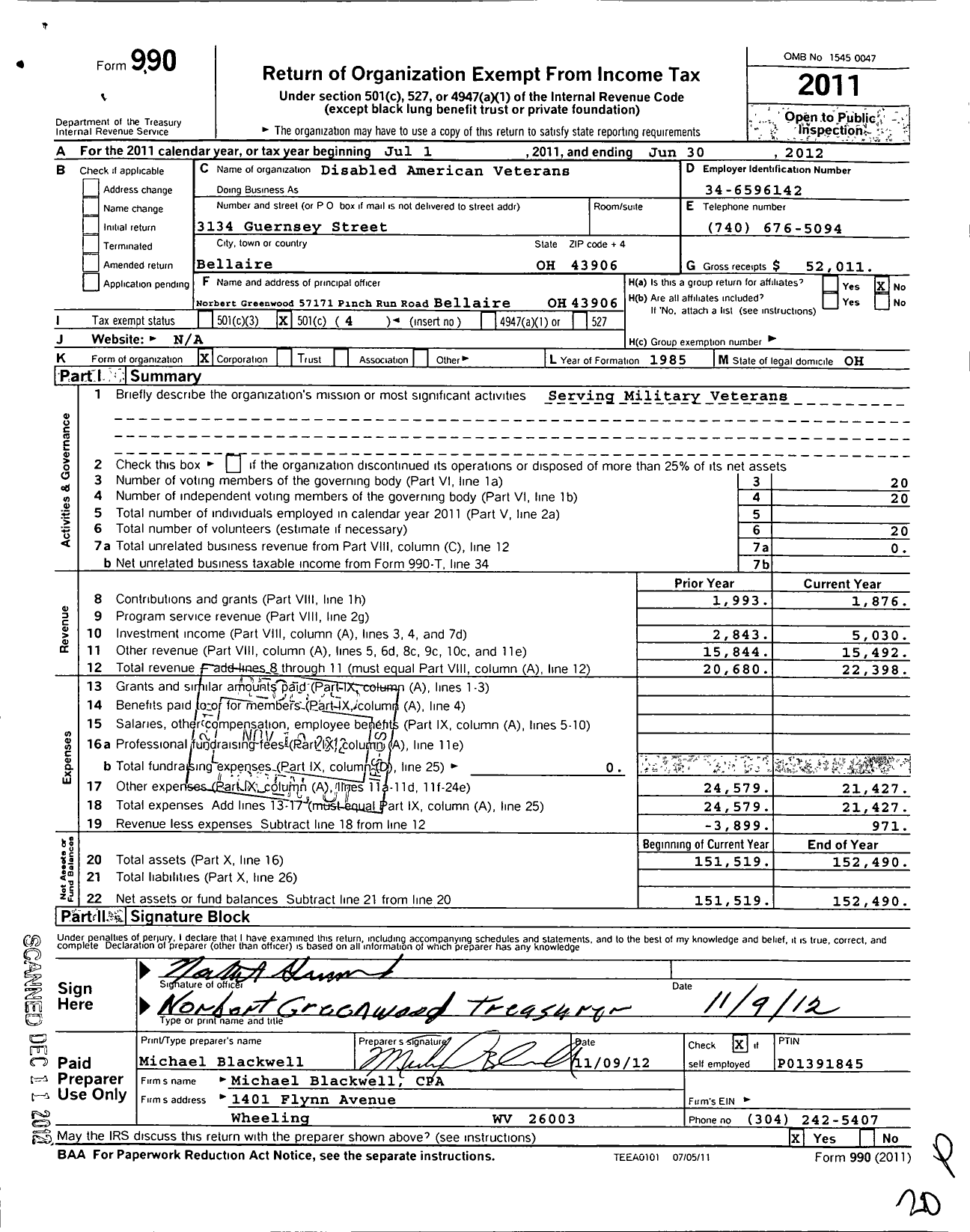 Image of first page of 2011 Form 990O for Disabled American Veterans - 117 Bellaire