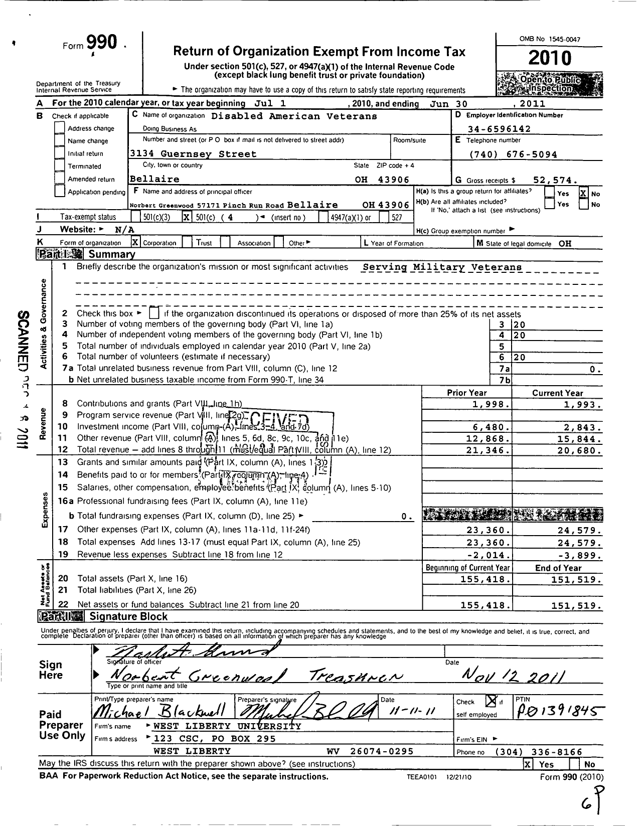 Image of first page of 2010 Form 990O for Disabled American Veterans - 117 Bellaire