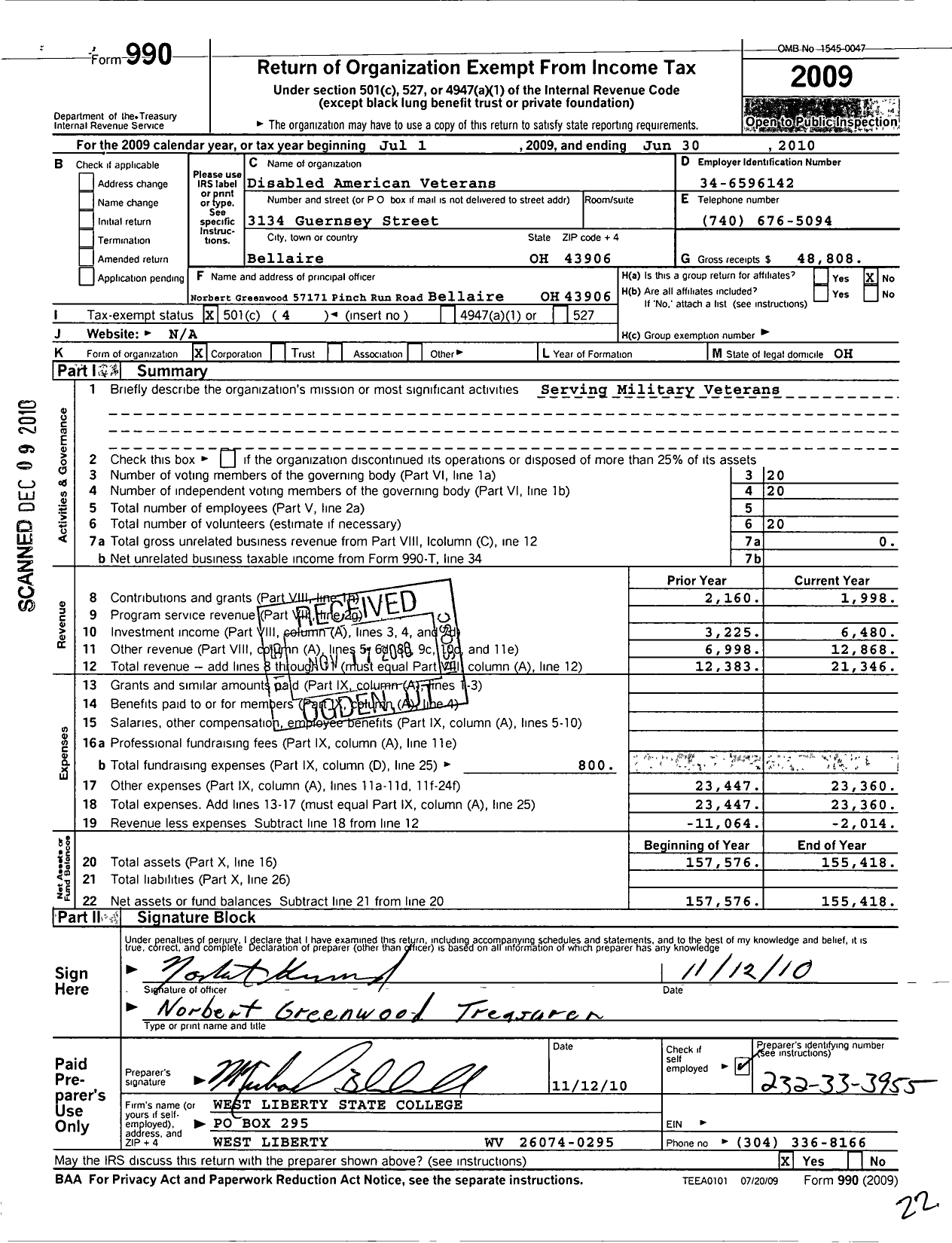 Image of first page of 2009 Form 990O for Disabled American Veterans - 117 Bellaire