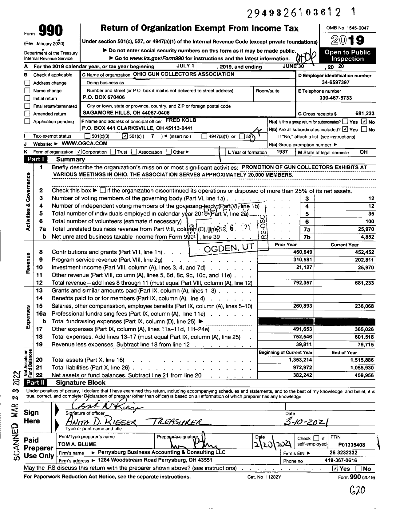 Image of first page of 2019 Form 990O for Ohio Gun Collectors Association