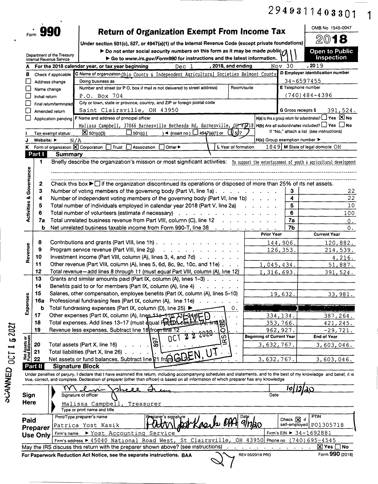 Image of first page of 2018 Form 990 for Ohio County and Independent Agricultural Societies Belmont County