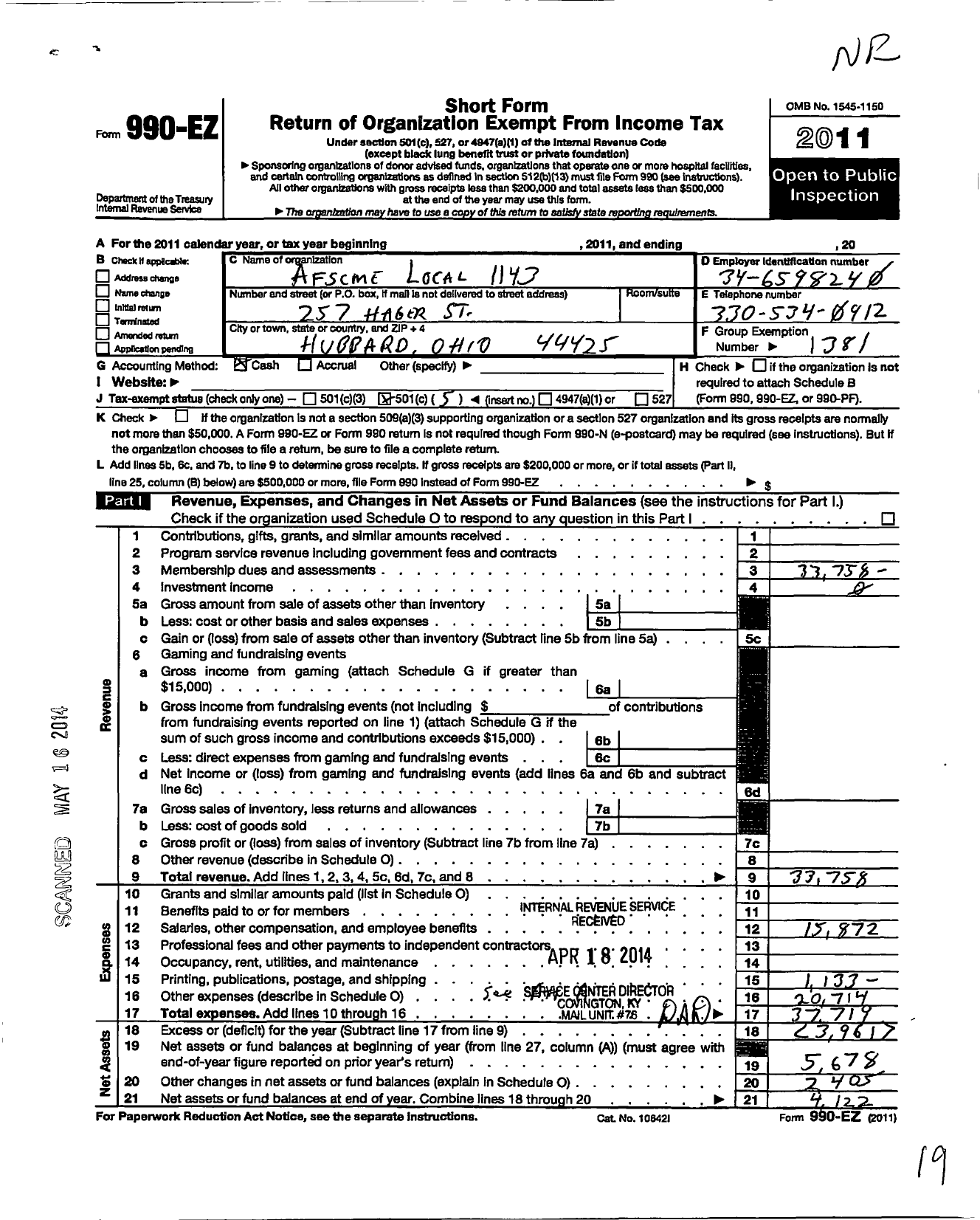 Image of first page of 2011 Form 990EO for American Federation of State County & Municipal Employees - L1143oh Youngstown Board of Ed