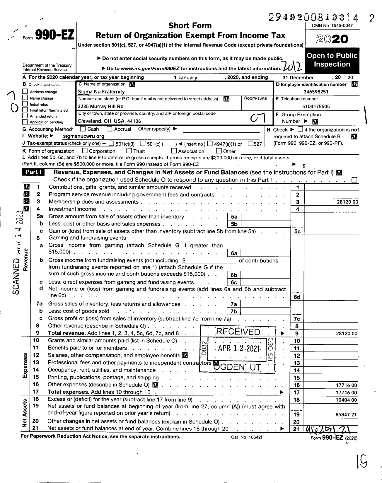 Image of first page of 2020 Form 990EO for Sigma Nu Fraternity - Delta Alpha