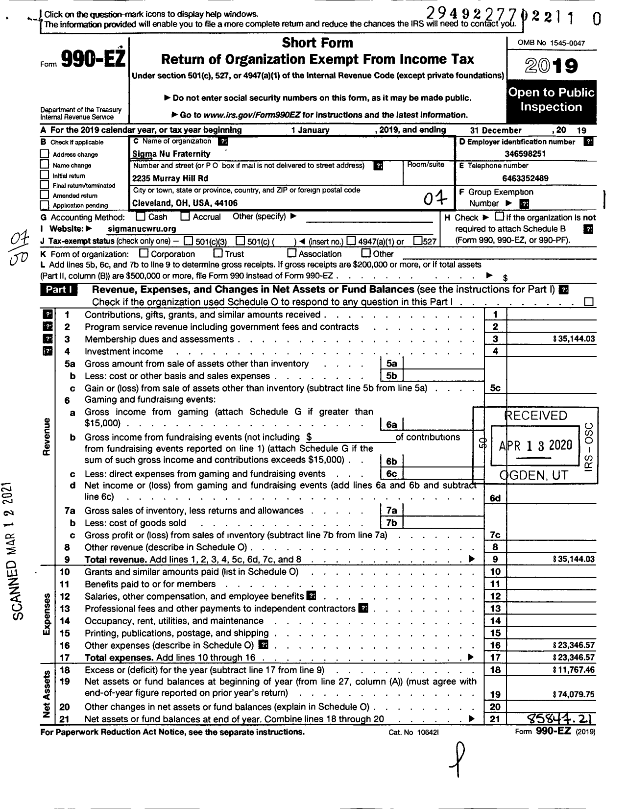 Image of first page of 2019 Form 990EO for Sigma Nu Fraternity - Delta Alpha