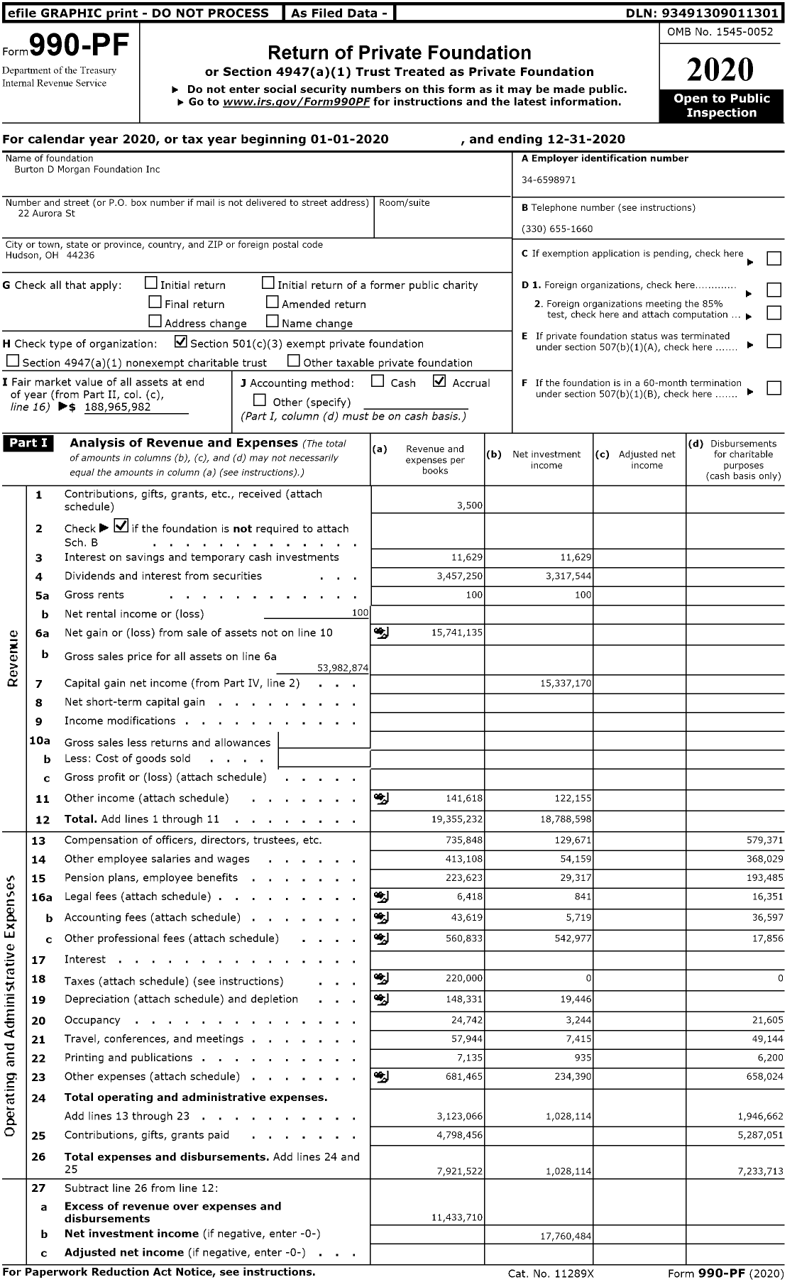 Image of first page of 2020 Form 990PF for Burton D Morgan Foundation