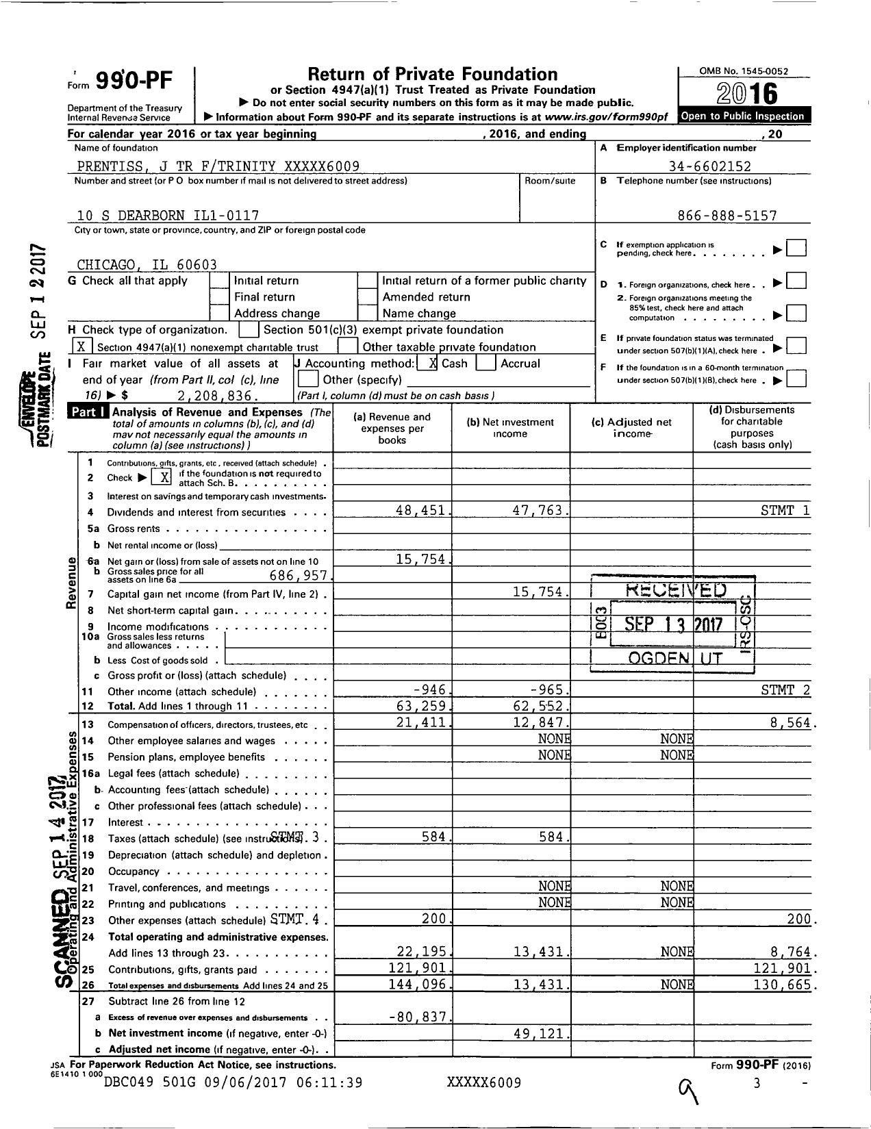 Image of first page of 2016 Form 990PF for Prentiss J TR Ftrinity XXXXX6009