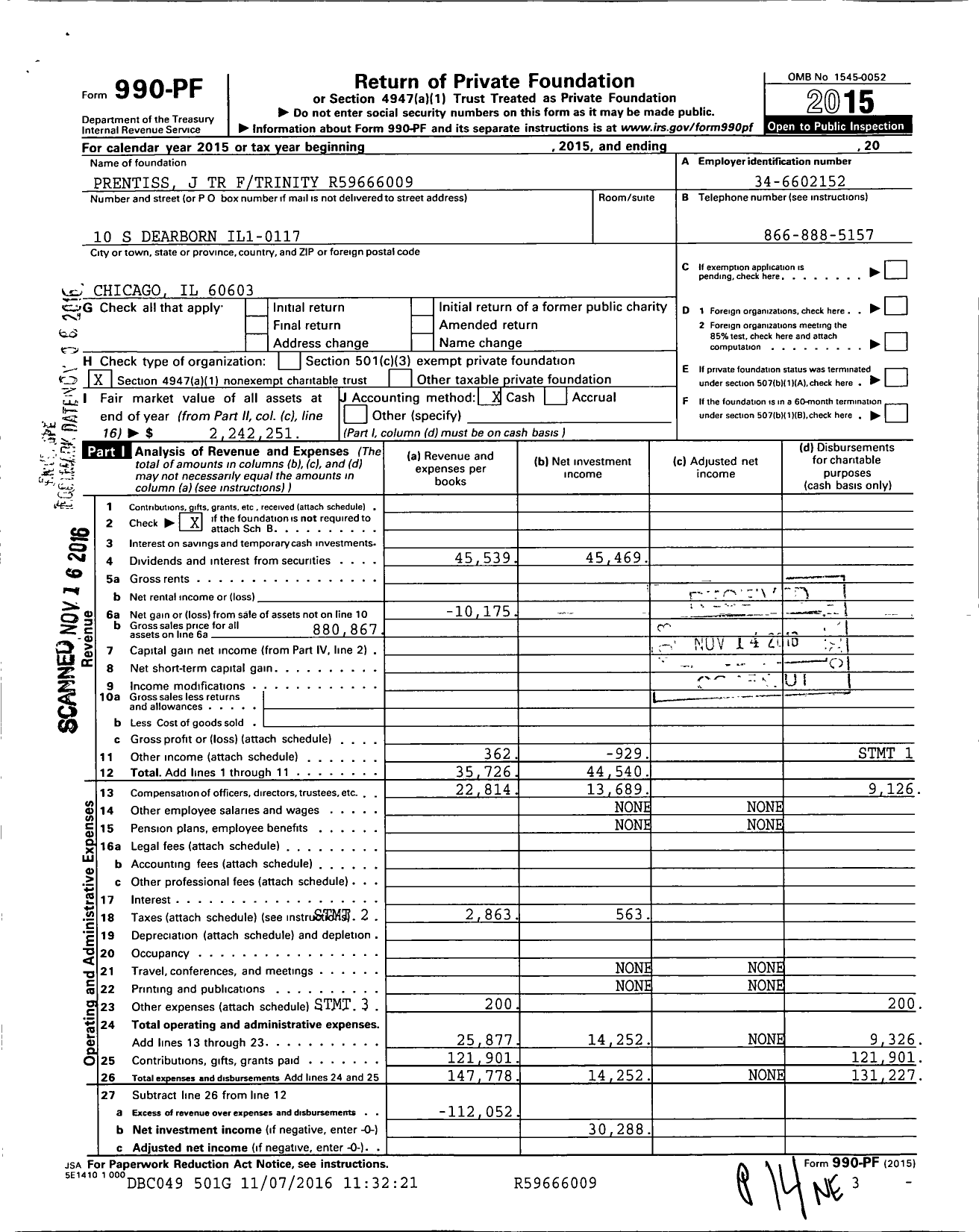 Image of first page of 2015 Form 990PF for Prentiss J TR Ftrinity XXXXX6009