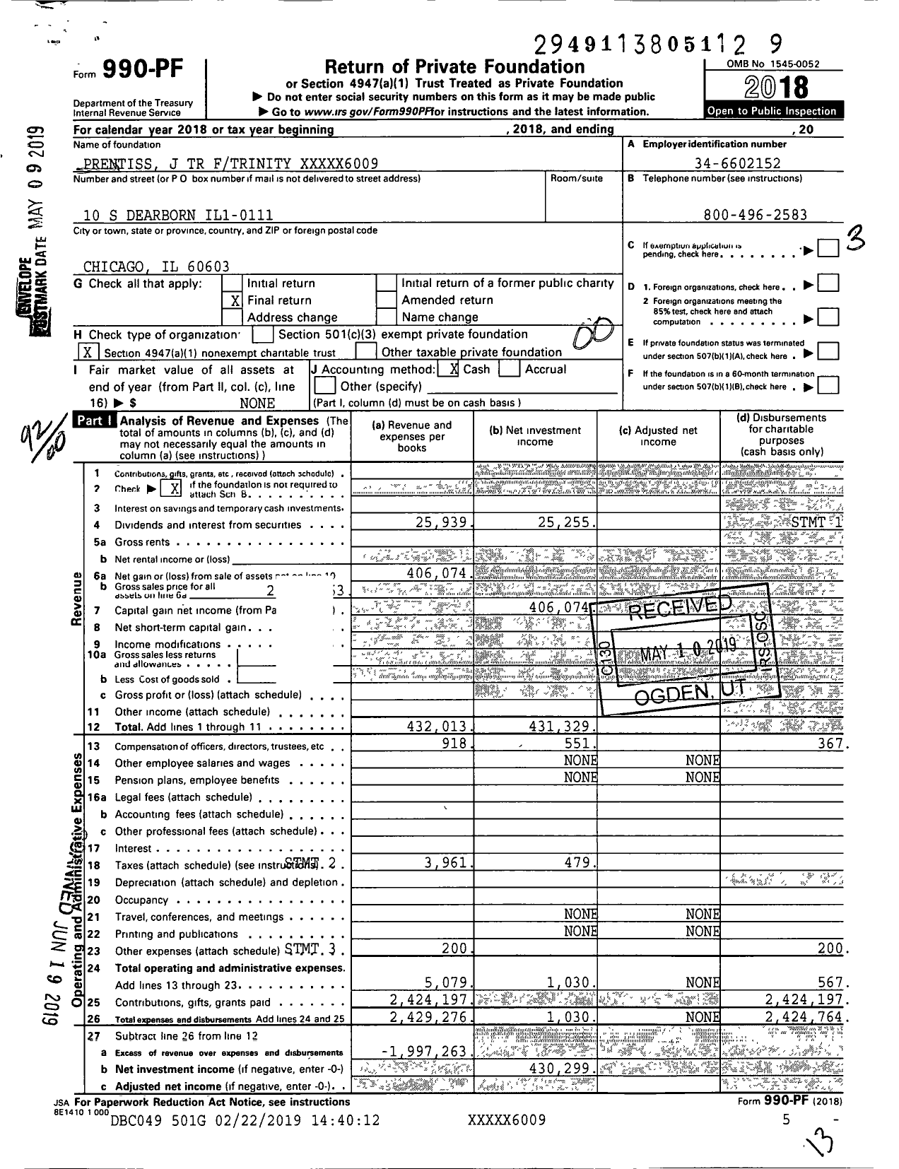 Image of first page of 2018 Form 990PF for Prentiss J TR Ftrinity XXXXX6009