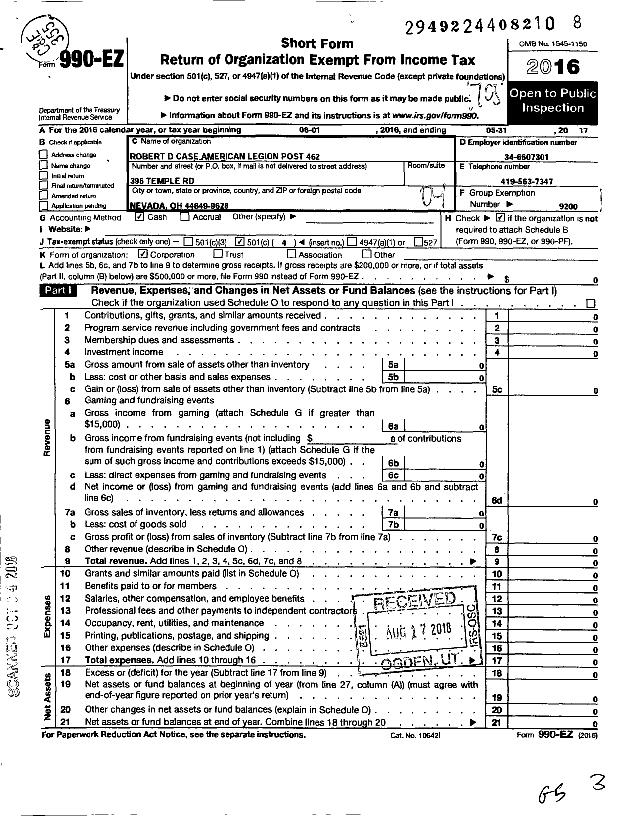 Image of first page of 2016 Form 990EO for American Legion - 462 Robert D Case